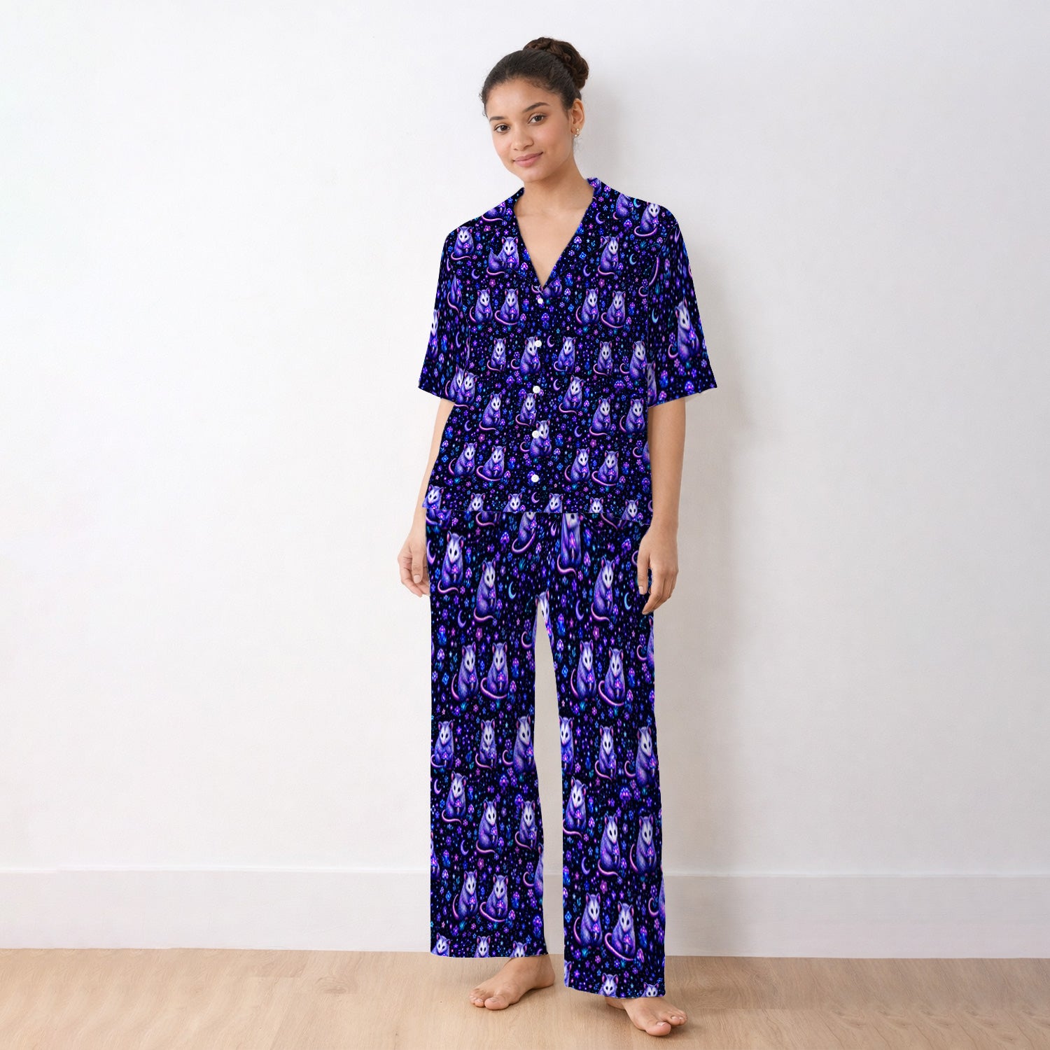 Neon Opossum Mushroom Galaxy Pattern Pajama Set, Soft Breathable Fabric Comfortable Sleepwear
