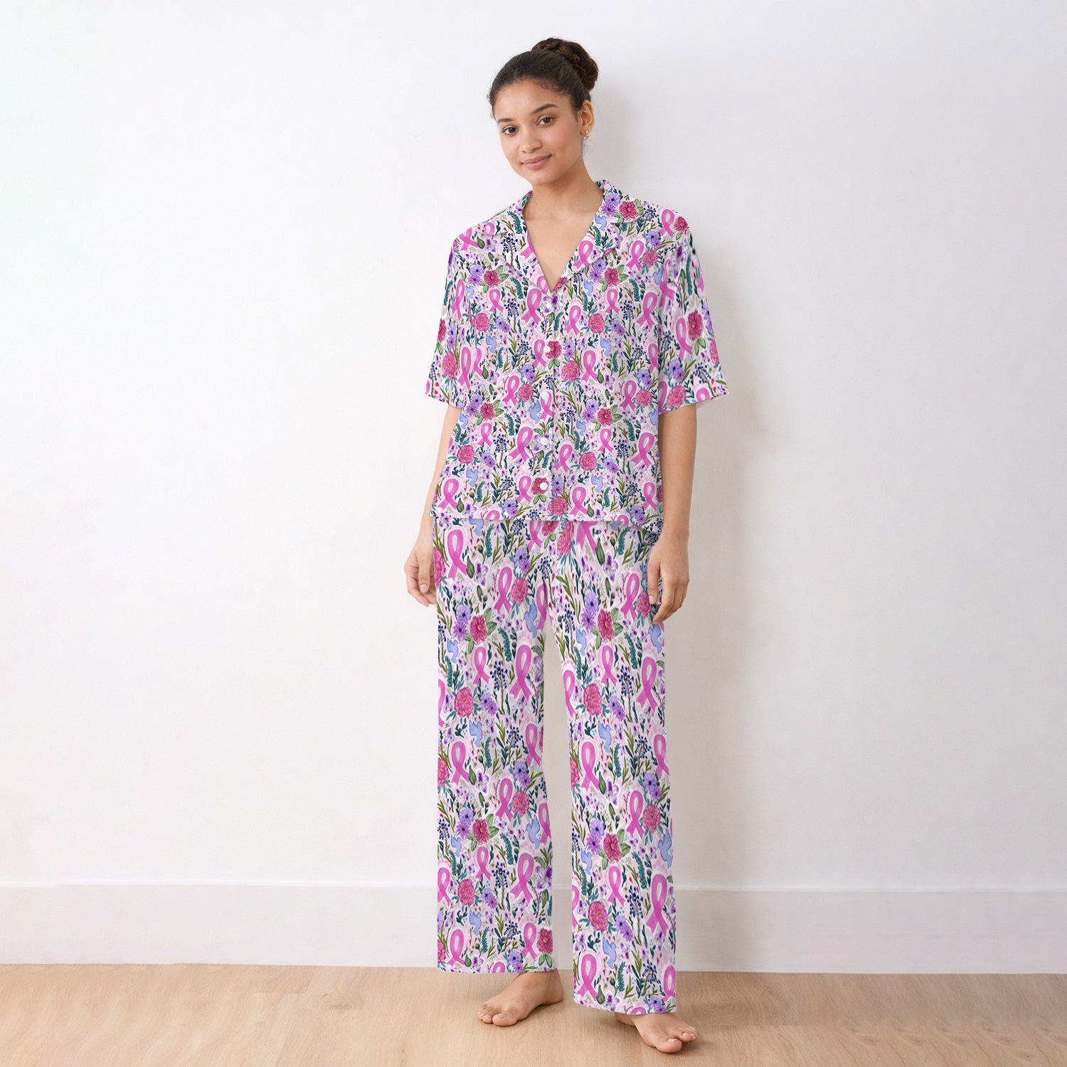 Floral Pink Ribbon Print Pajama Set, Soft Breathable Fabric Comfortable Sleepwear