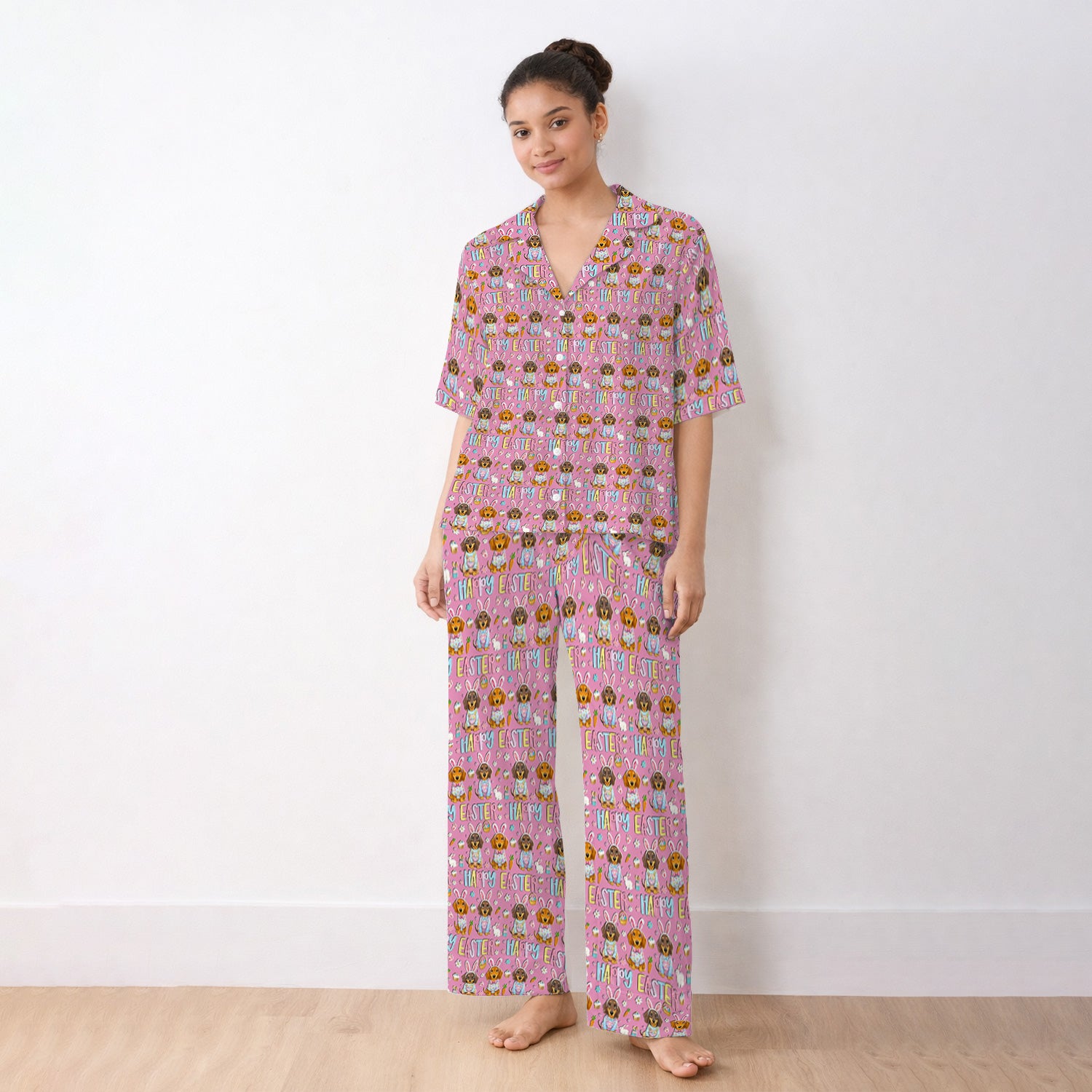 Happy Easter Dachshund Bunny Print Pajama Set, Breathable Fabrics Uniform