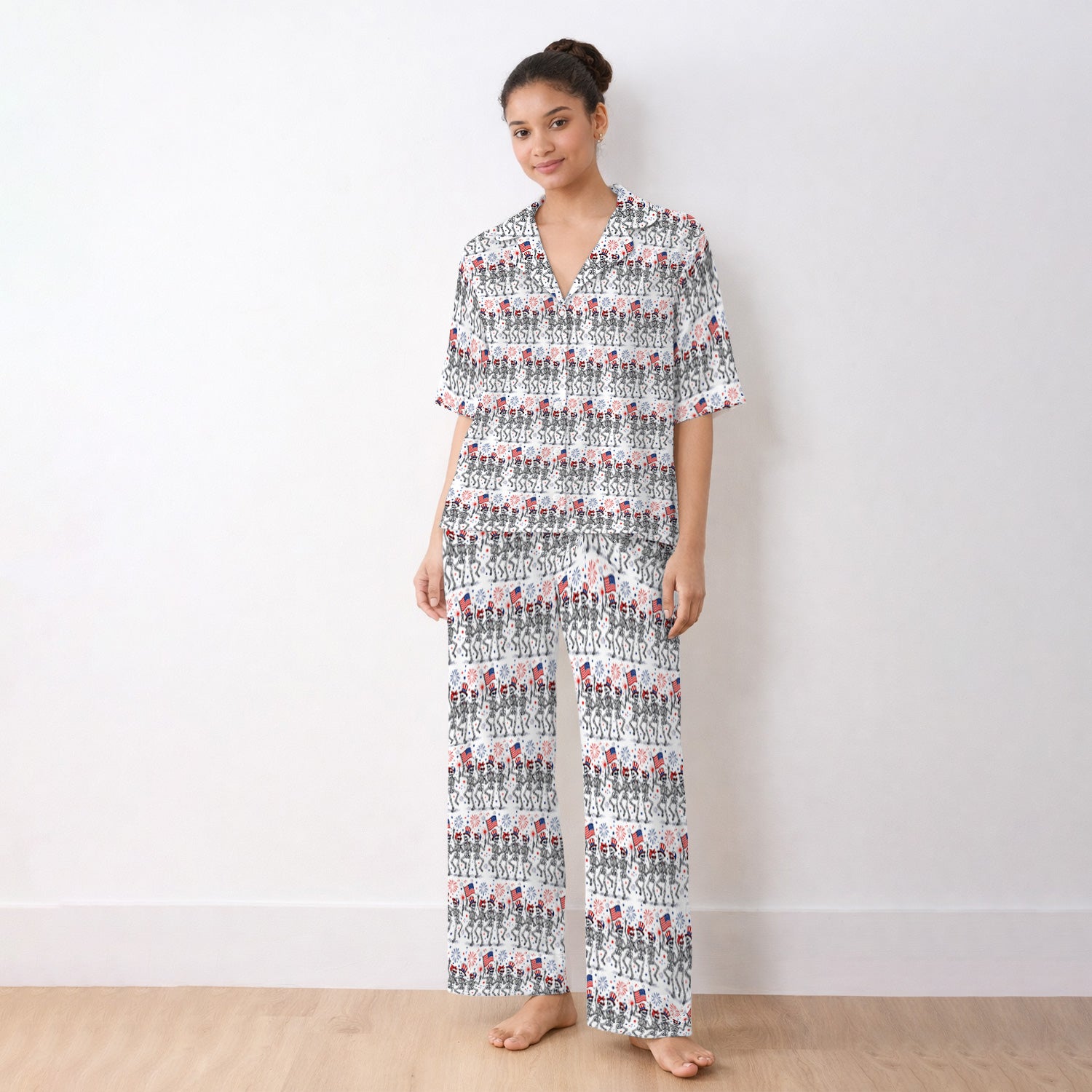 Funny Patriotic Skeleton Pattern, July 4 Medical Pajama Set, Soft Breathable Fabric Comfortable Sleepwear