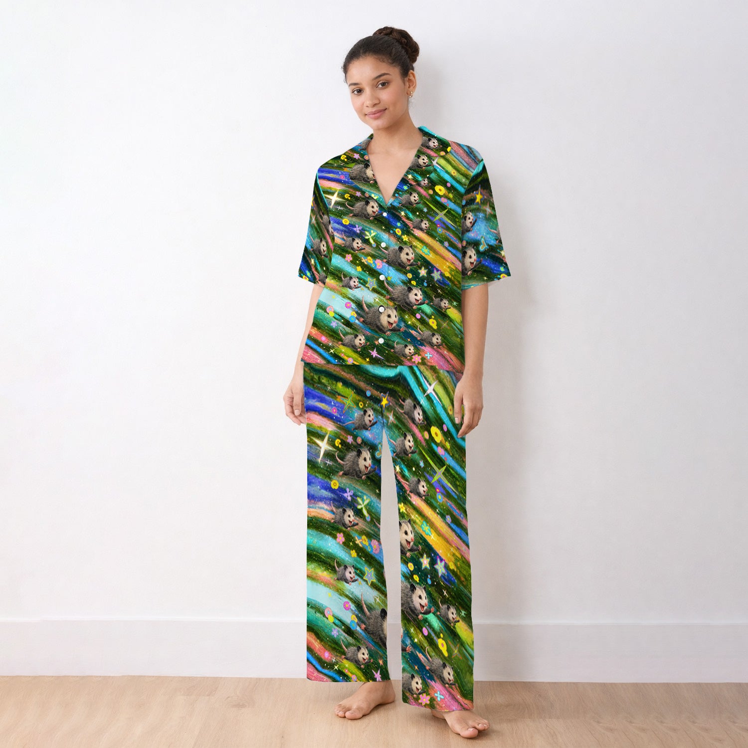 Colorful Opossum Rainbow Stars Print Pajama Set, Soft Breathable Fabric Comfortable Sleepwear
