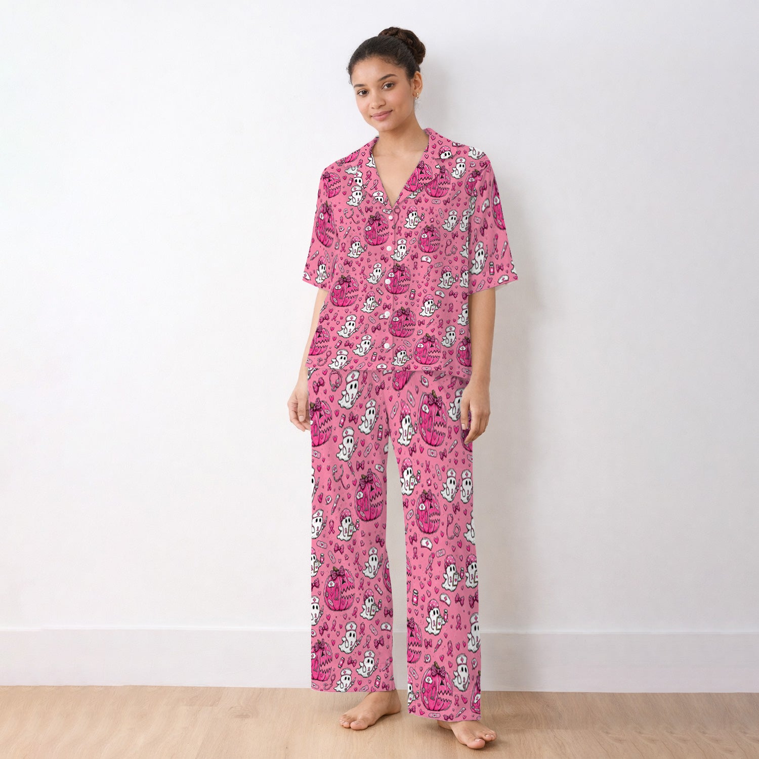 Pink Ribbon Ghost Pattern Pajama Set, Soft Breathable Fabric Comfortable Sleepwear