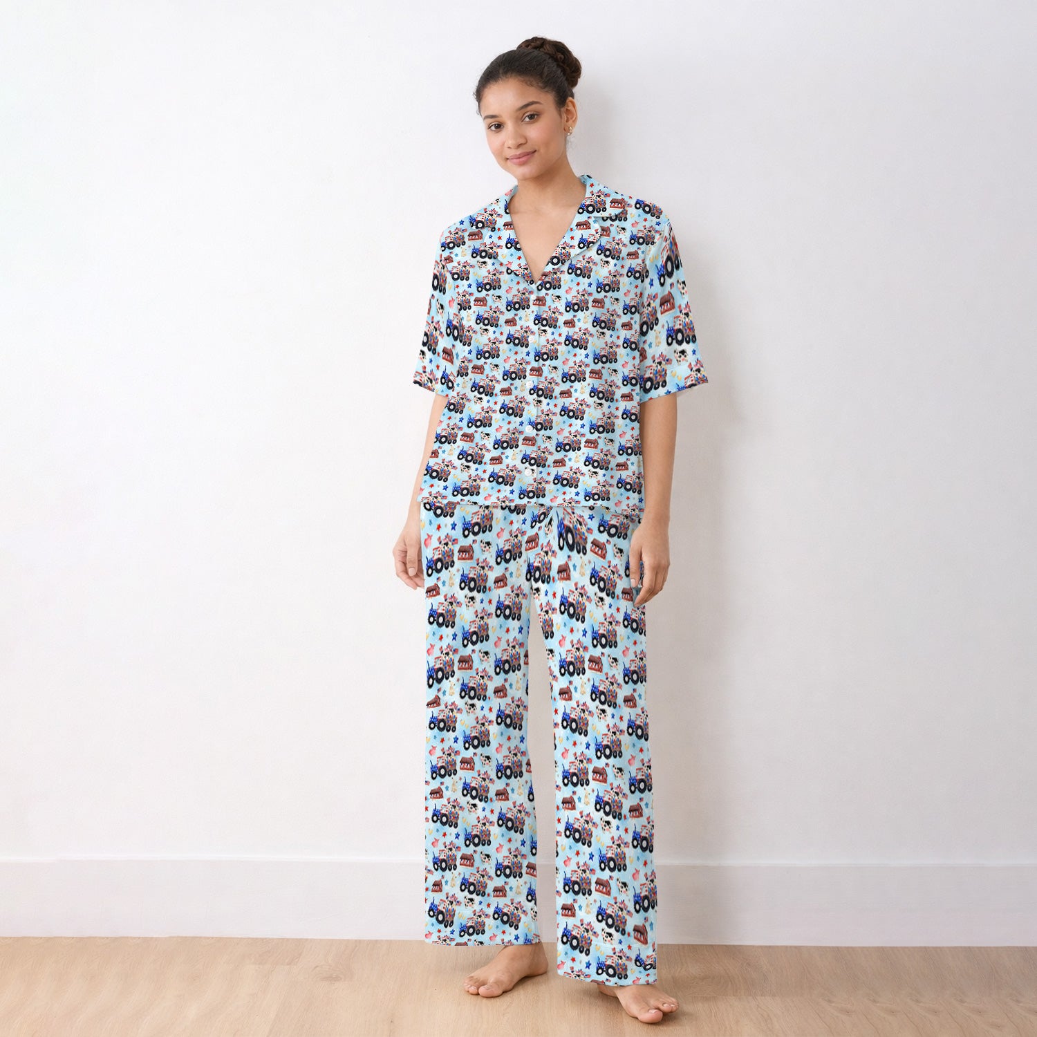 Patriotic Cow Tractor Farm Stars Pattern Pajama Set, Soft Breathable Fabric Comfortable Sleepwear