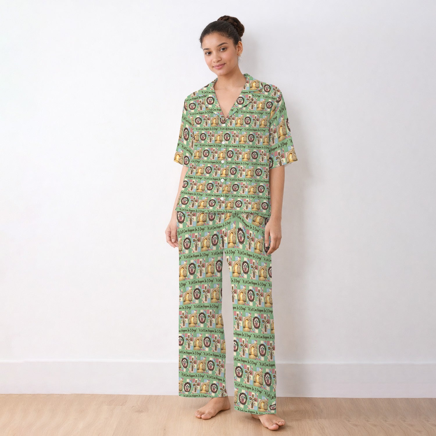 Christian Easter Cross Print Pajama Set, Breathable Fabrics Uniform