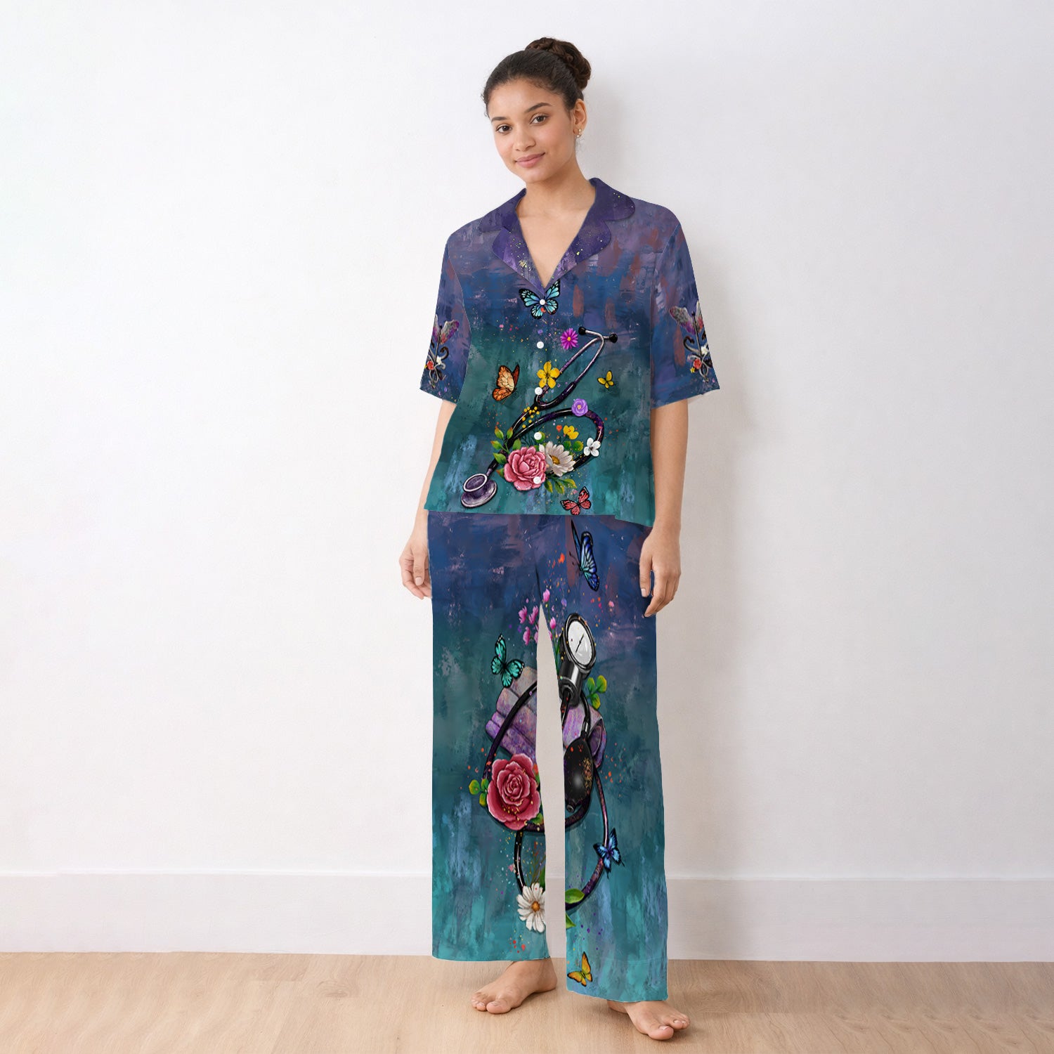 Floral Stethoscope Nurse Pattern Pajama Set, Soft Breathable Fabric Comfortable Sleepwear
