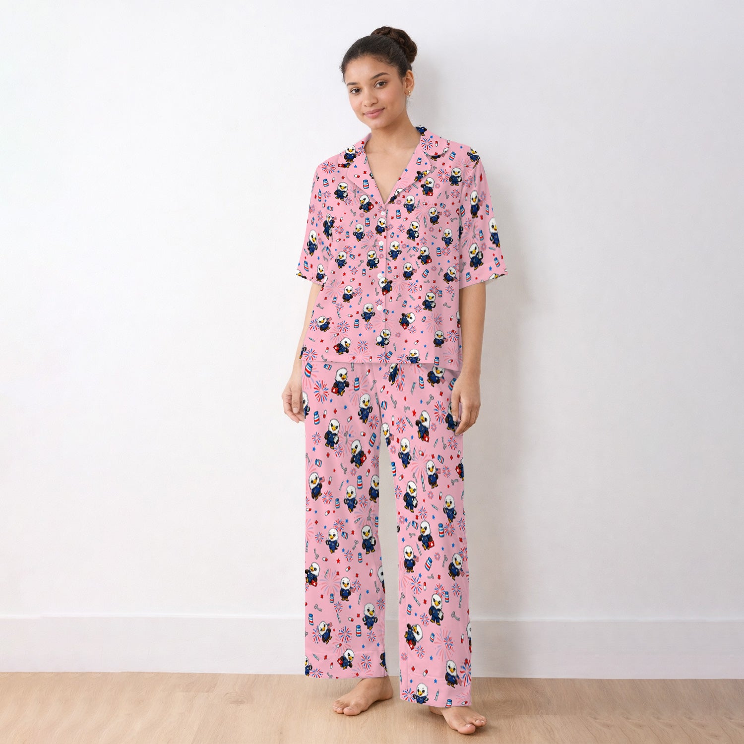 Patriotic Nurse Eagle Fireworks Medical Pattern Pajama Set, Breathable Fabrics Uniform