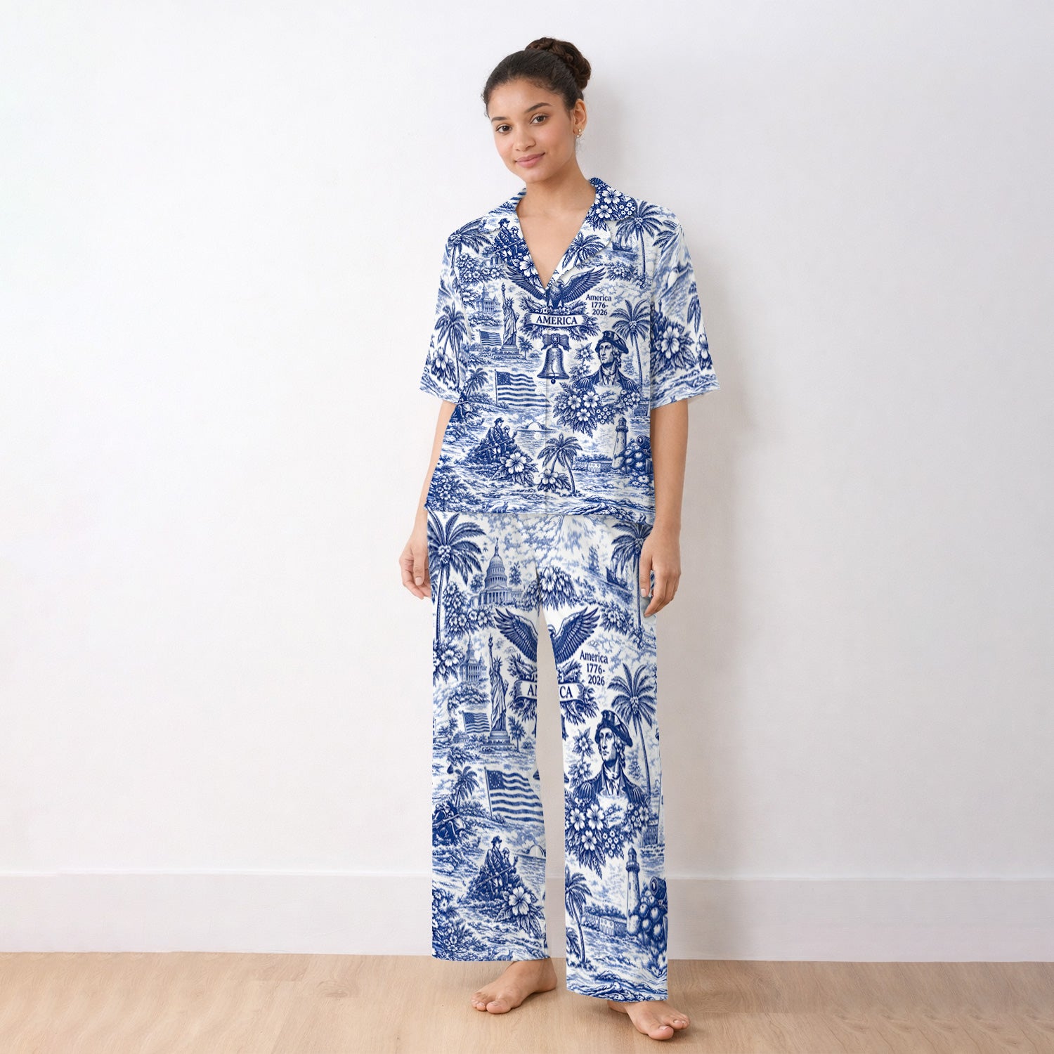 Patriotic America Heritage Toile Pattern Pajama Set, Breathable Fabrics Uniform