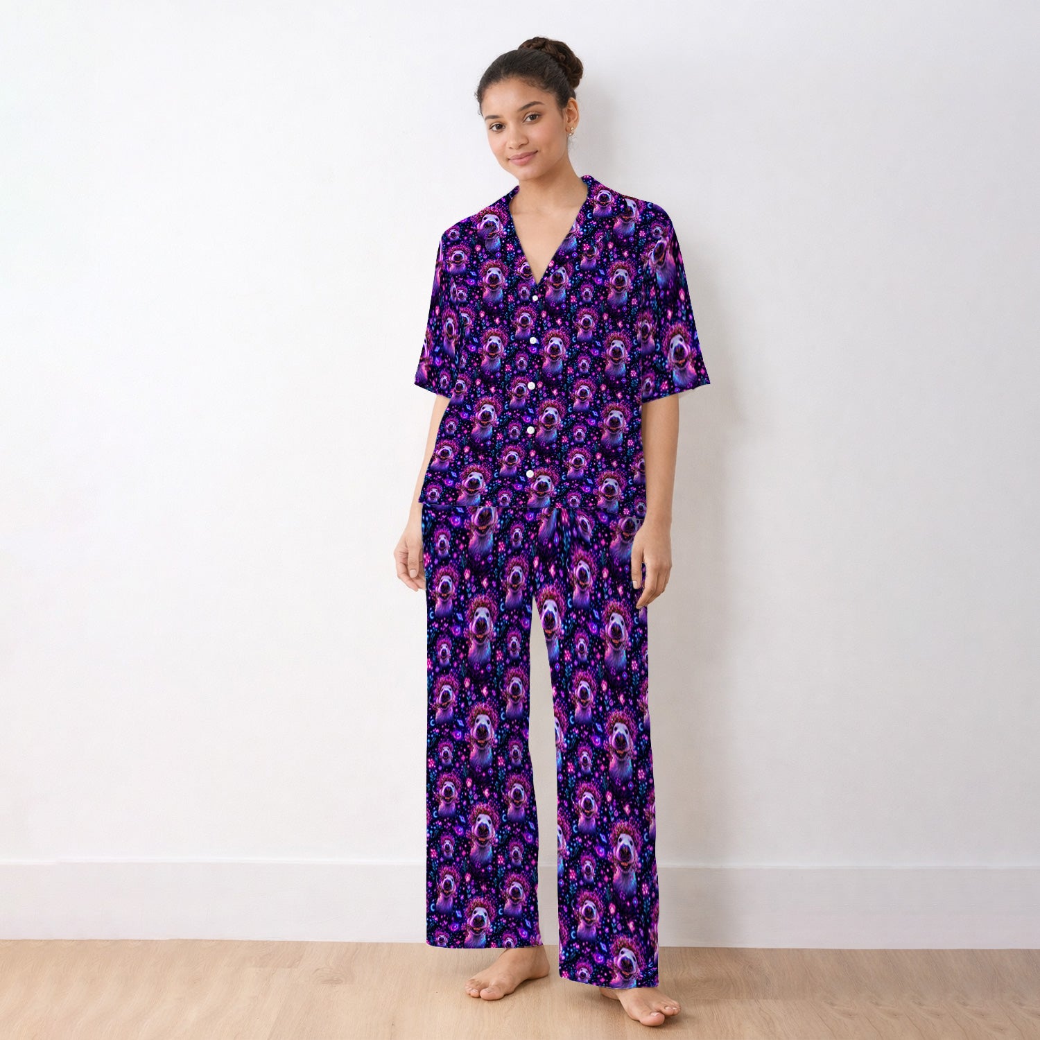 Galaxy Golden Retriever Pattern Pajama Set, Soft Breathable Fabric Comfortable Sleepwear
