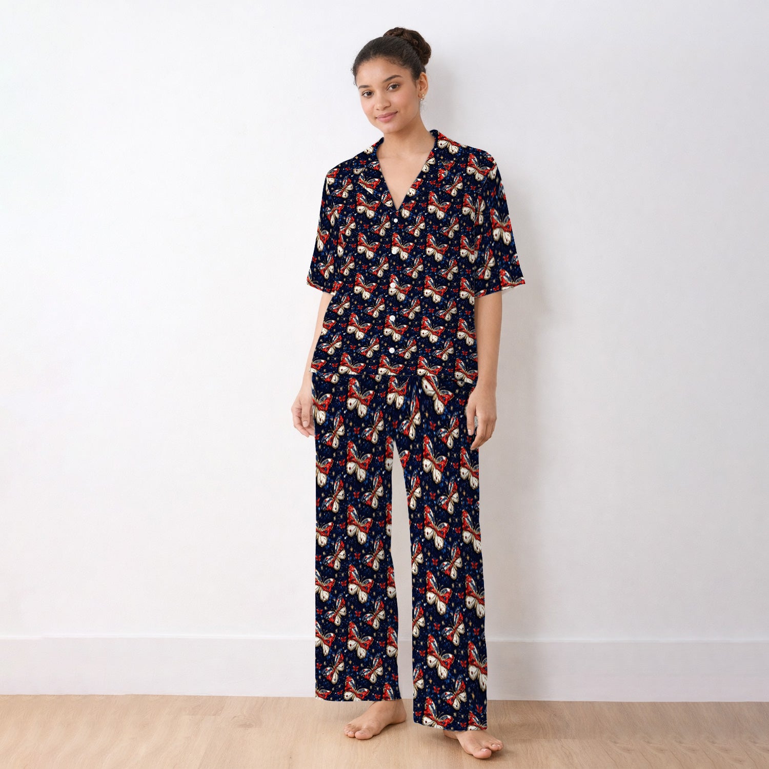 Patriotic Butterfly Nurse for RN & CNA, Americana Stars Healthcare Workers Uniform Pajama Set, Soft Breathable Fabric Comfortable Sleepwear