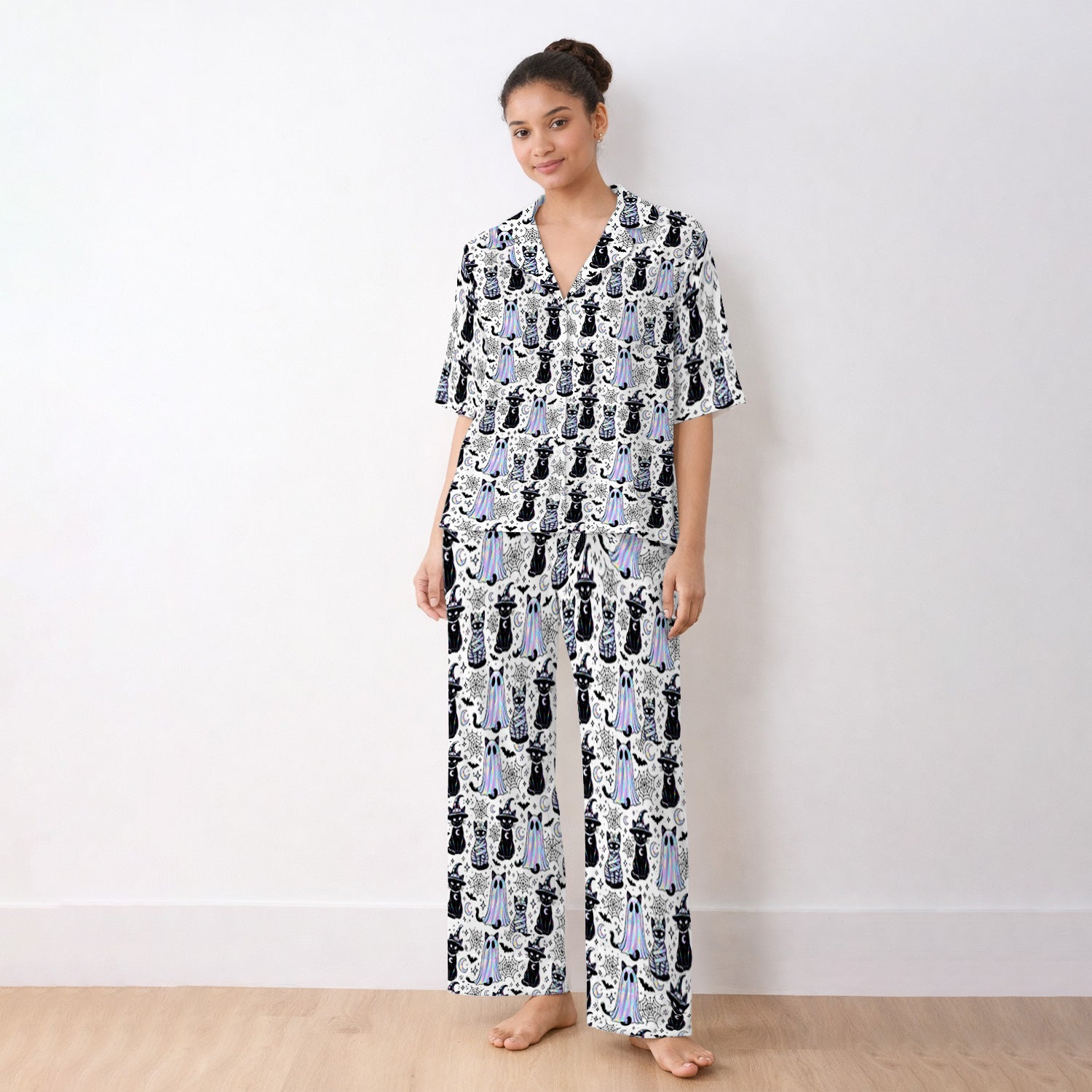 Ghost Witch Cat Pattern Pajama Set, Soft Breathable Fabric Comfortable Sleepwear