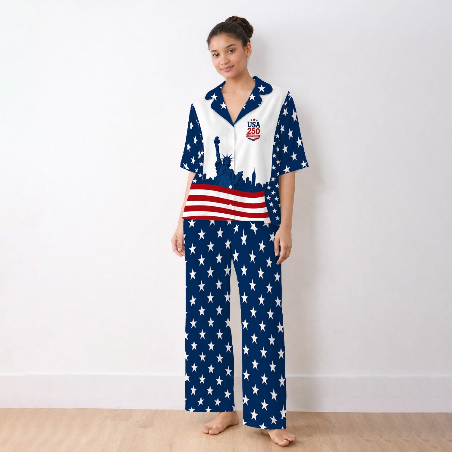 USA 250 Anniversary Patriotic Nurse Scrub Top for RN, CNA, Healthcare Workers Pajama Set, Soft Breathable Fabric Comfortable Sleepwear