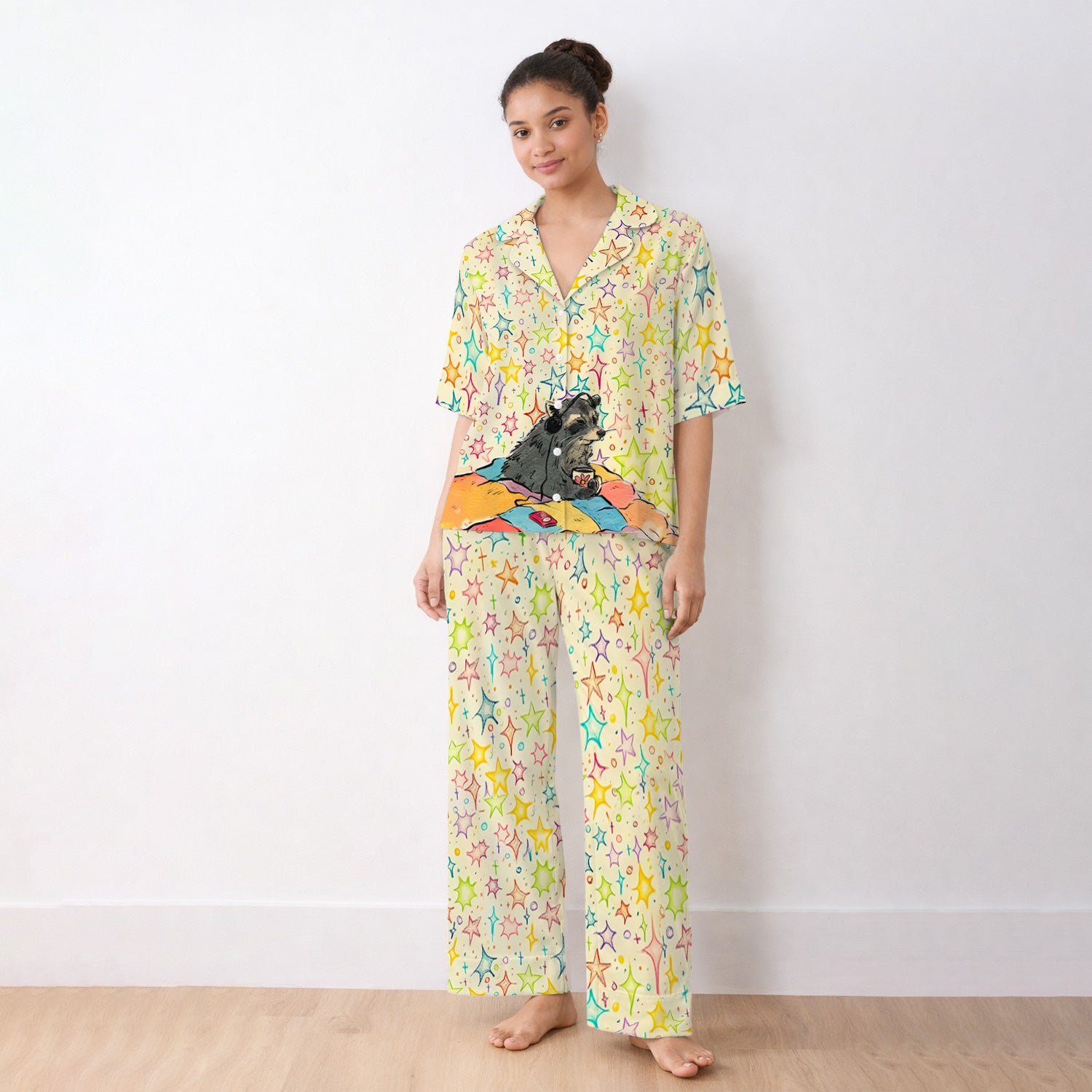 Chill Raccoon Starry Music Pattern Pajama Set, Soft Breathable Fabric Comfortable Sleepwear