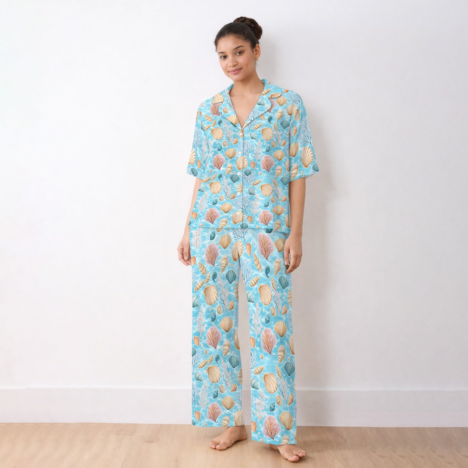 Cute Nurse Coastal Seashell And Coral Reef Pajama Set, Breathable Fabrics Uniform