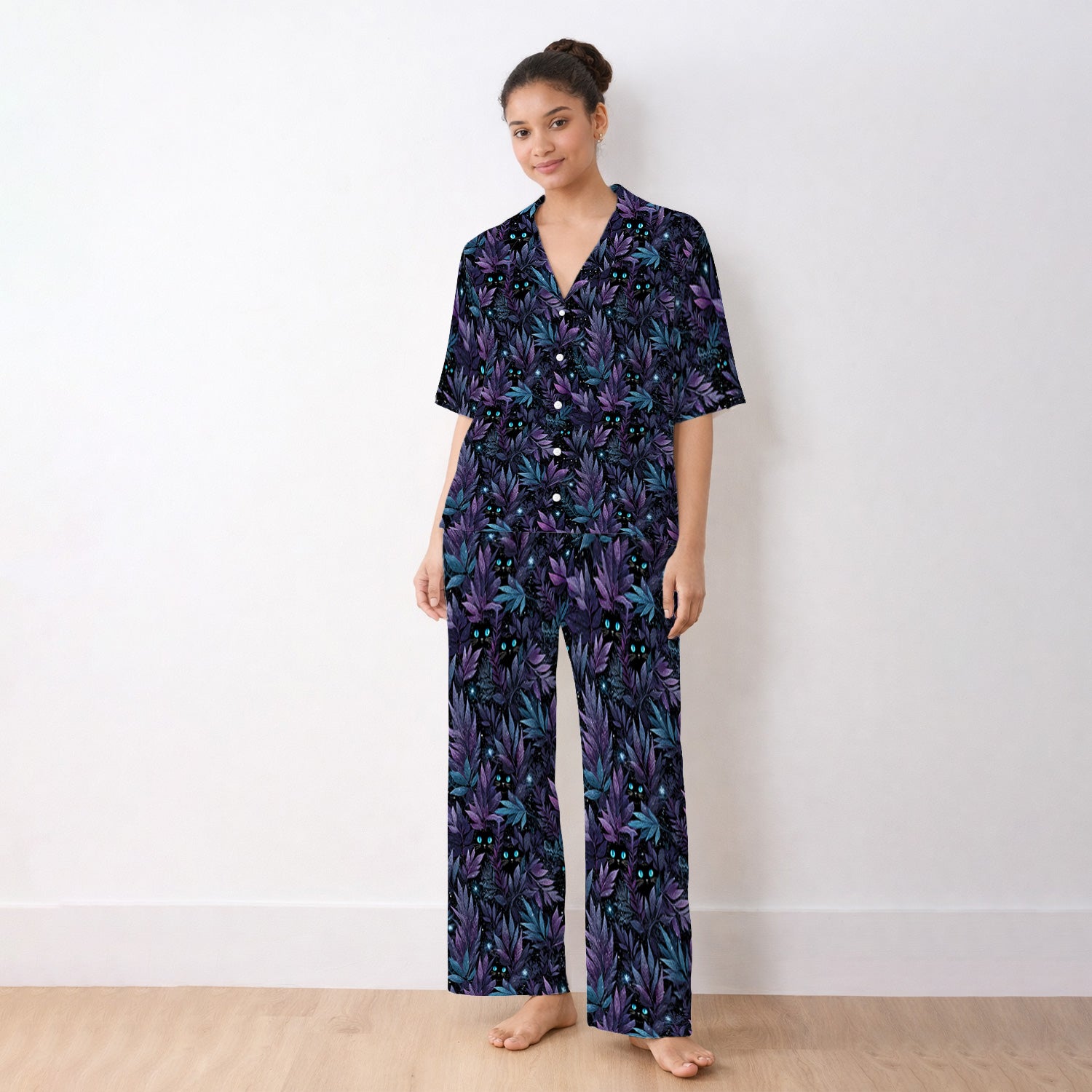 Mystic Black Cat Veterinary Pattern Pajama Set, Soft Breathable Fabric Comfortable Sleepwear