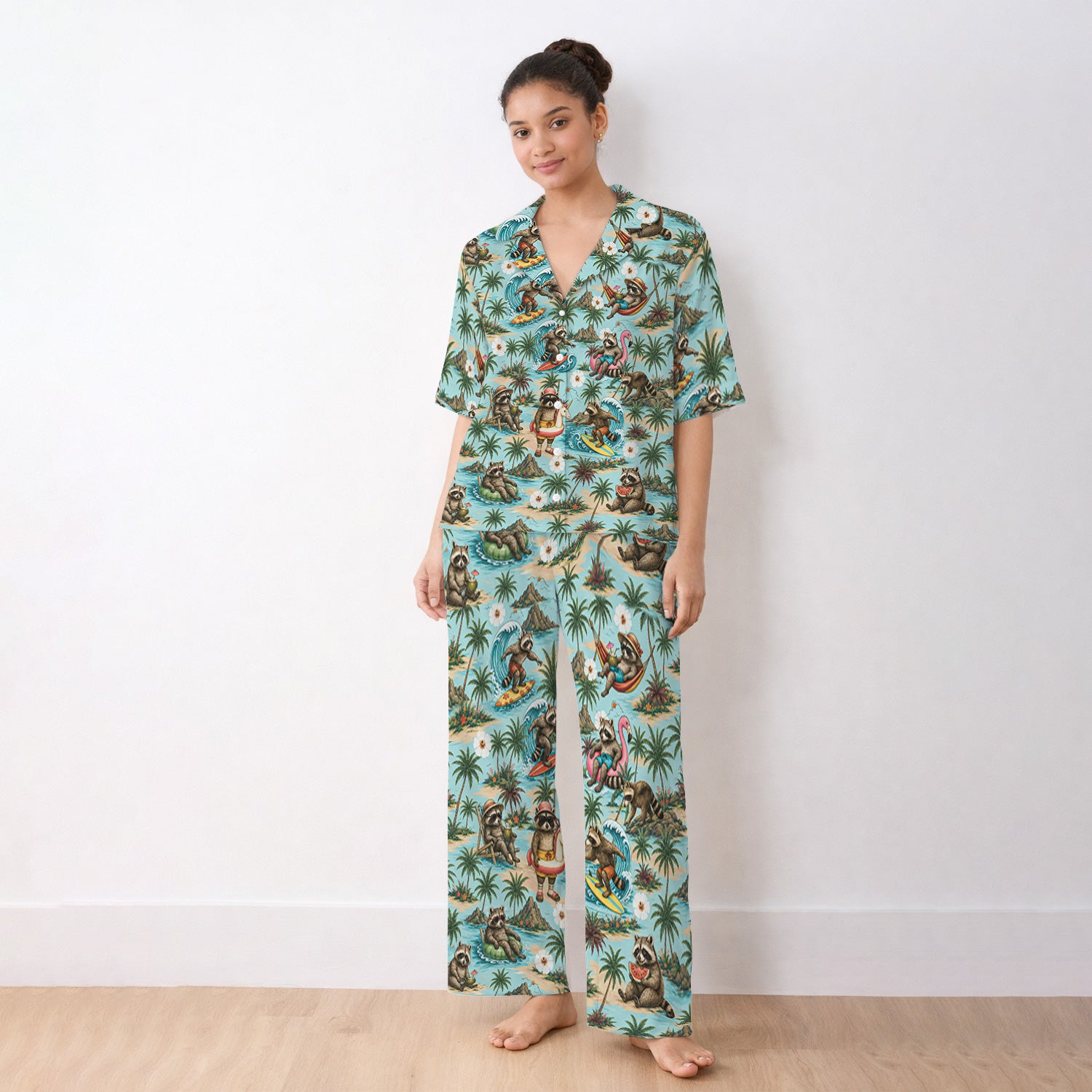 Tropical Raccoon with Surfing Island Beach Print Pajama Set, Soft Breathable Fabric Comfortable Sleepwear