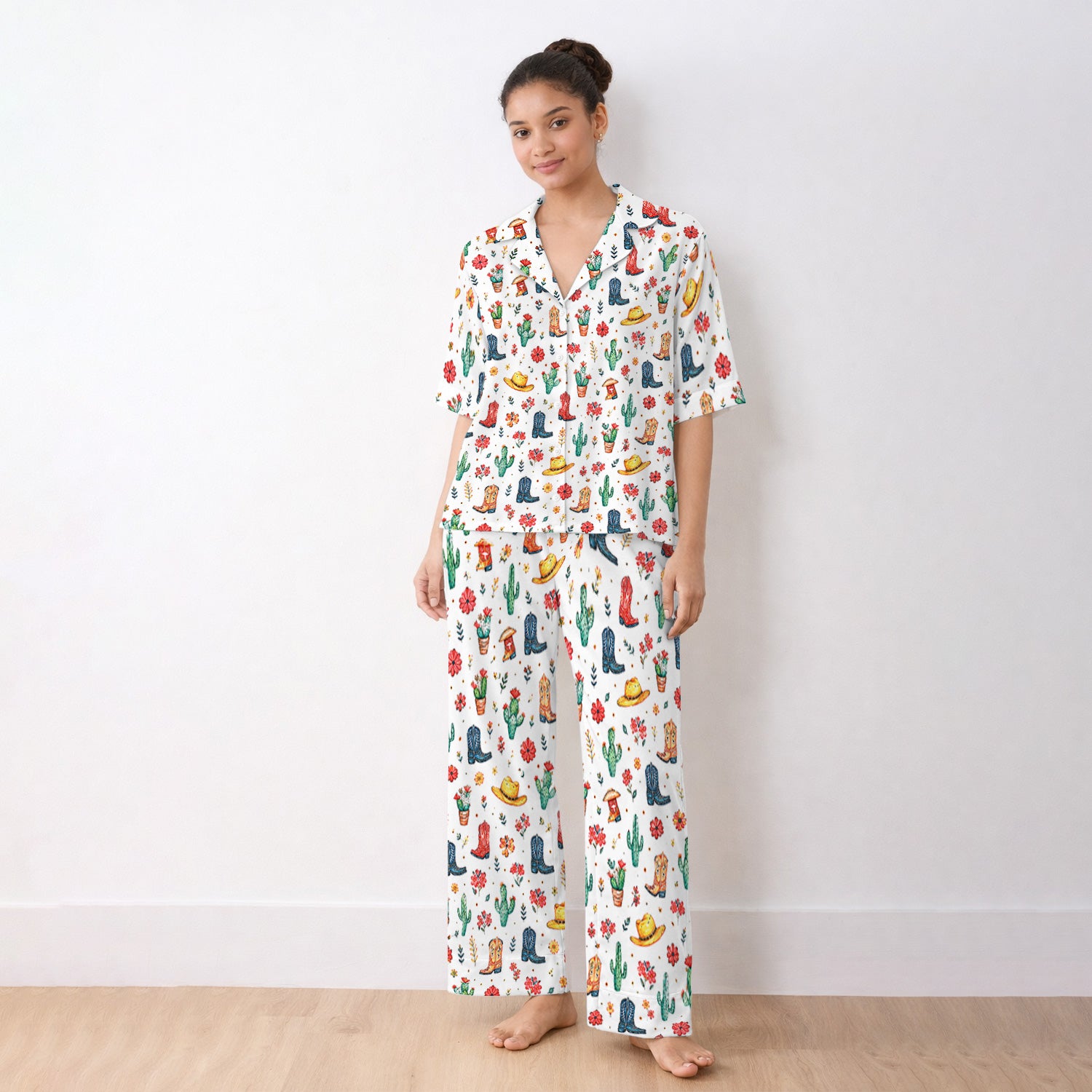 Whimsical Western Cactus Boots Pattern Pajama Set, Soft Breathable Fabric Comfortable Sleepwear