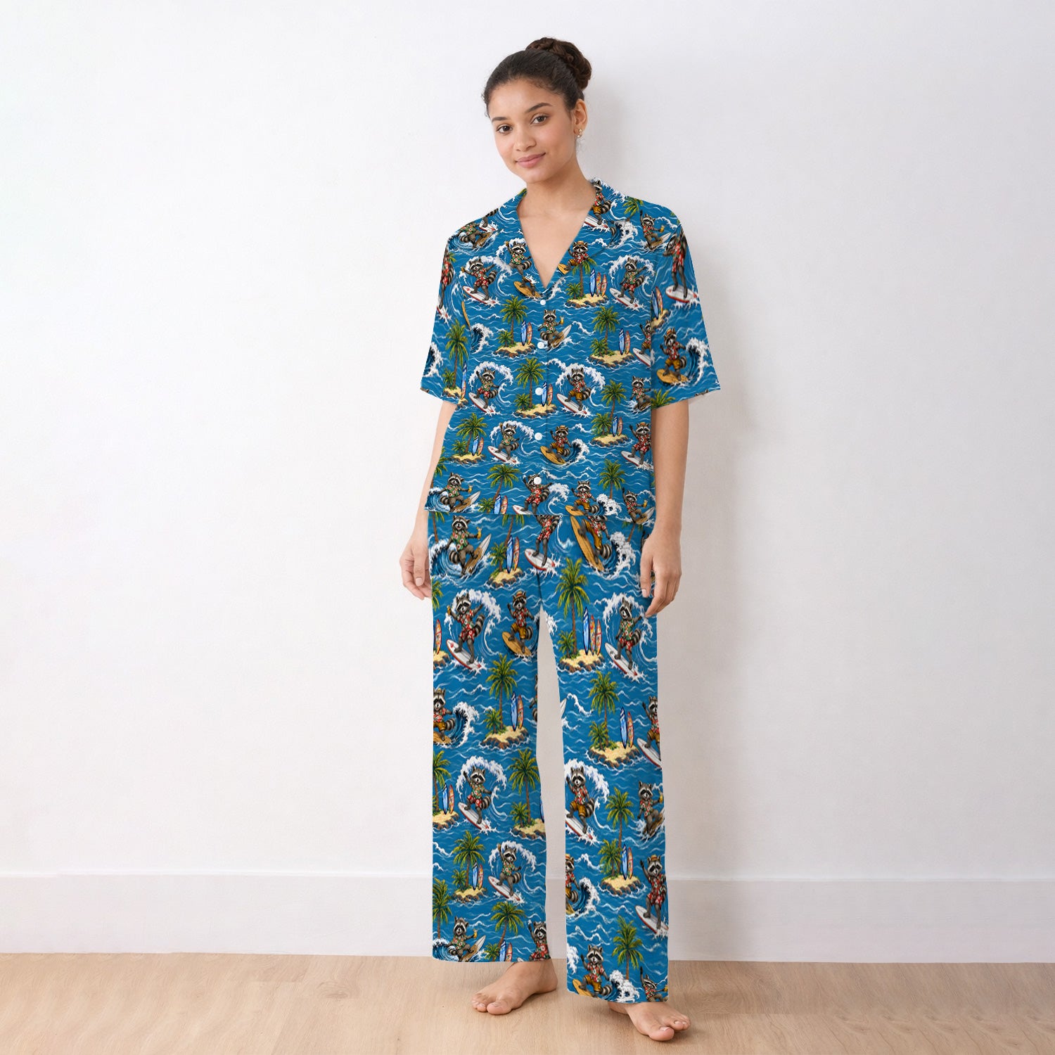 Tropical Surfing Raccoon Island Pattern Pajama Set, Soft Breathable Fabric Comfortable Sleepwear
