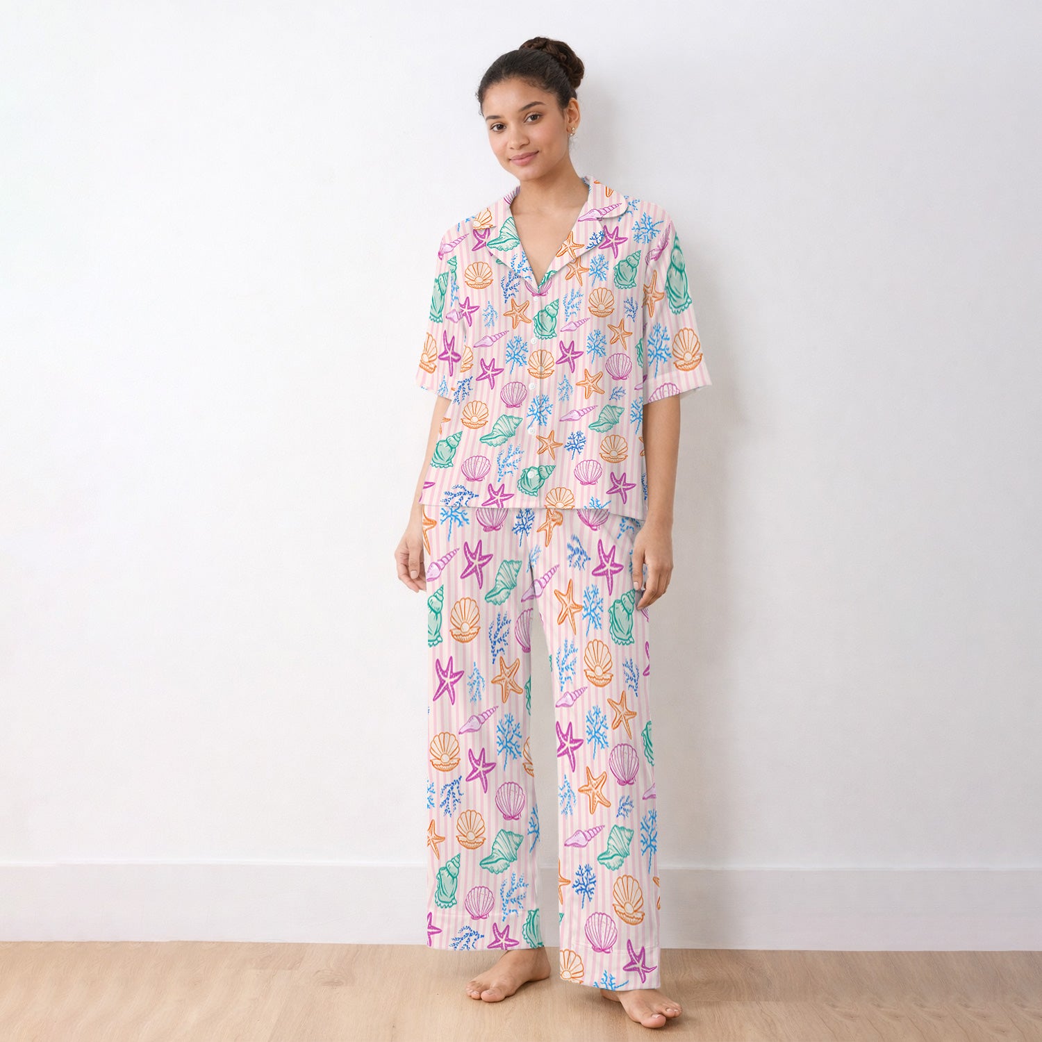 Colorful Seashell Starfish Ocean Stripe Pattern Pajama Set, Breathable Fabrics Uniform