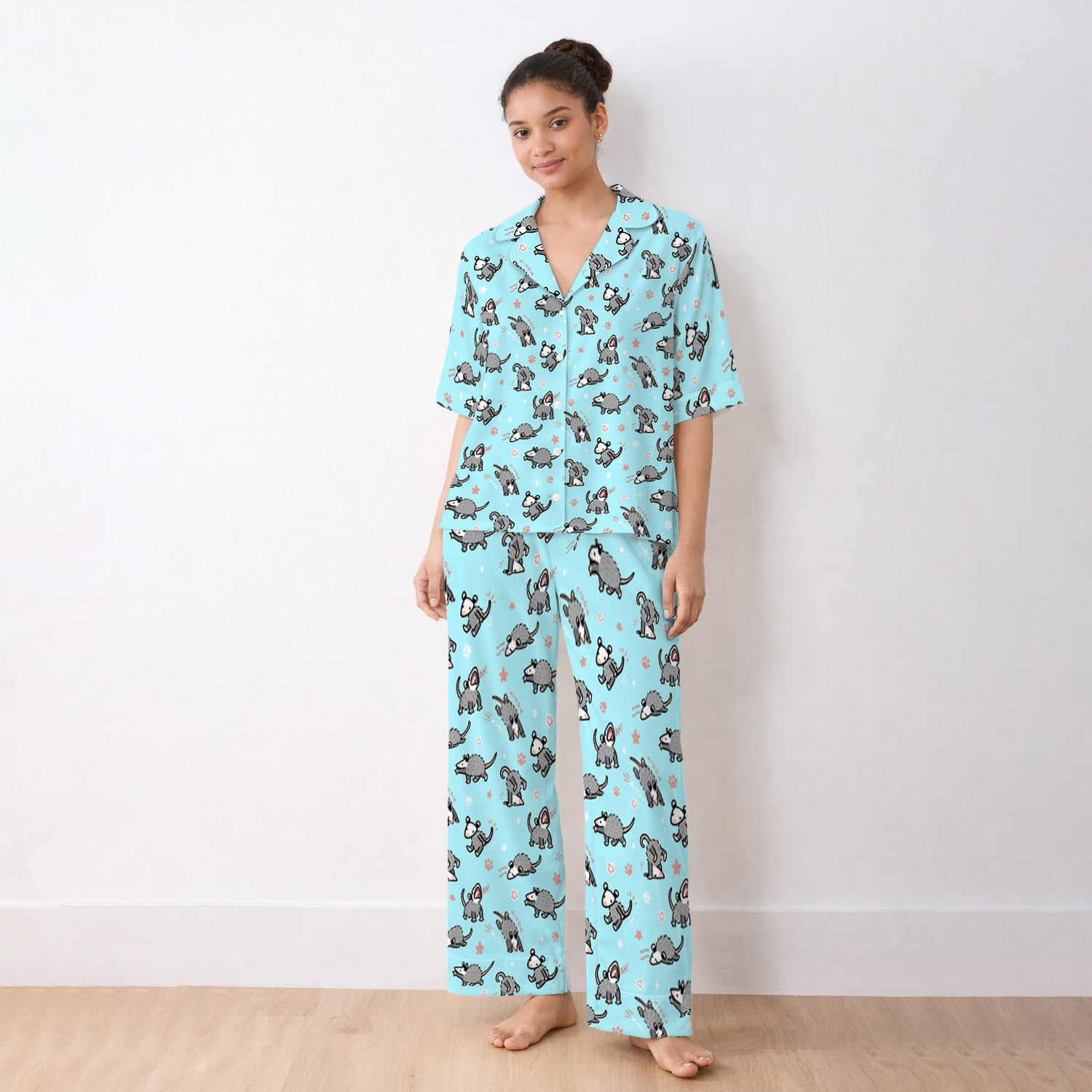 Playful Cartoon Opossum Character Pattern Pajama Set, Breathable Fabrics Uniform