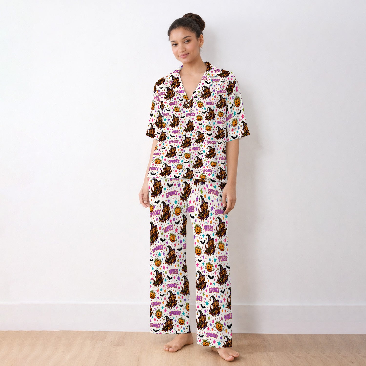 Spooky Dachshund Vibes Print Pajama Set, Soft Breathable Fabric Comfortable Sleepwear
