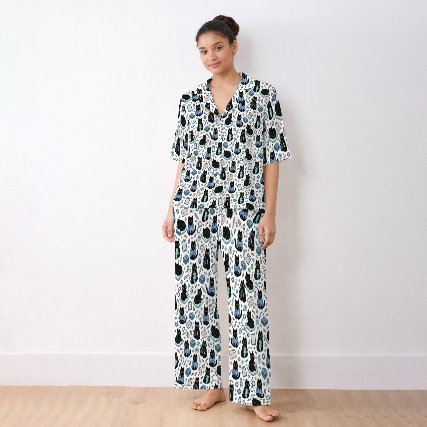 Black Cat Clinic Pajama Set, Soft Breathable Fabric Comfortable Sleepwear