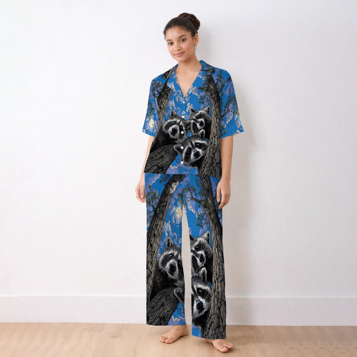 Cute Raccoon Tree Veterinary Pattern Pajama Set, Soft Breathable Fabric Comfortable Sleepwear