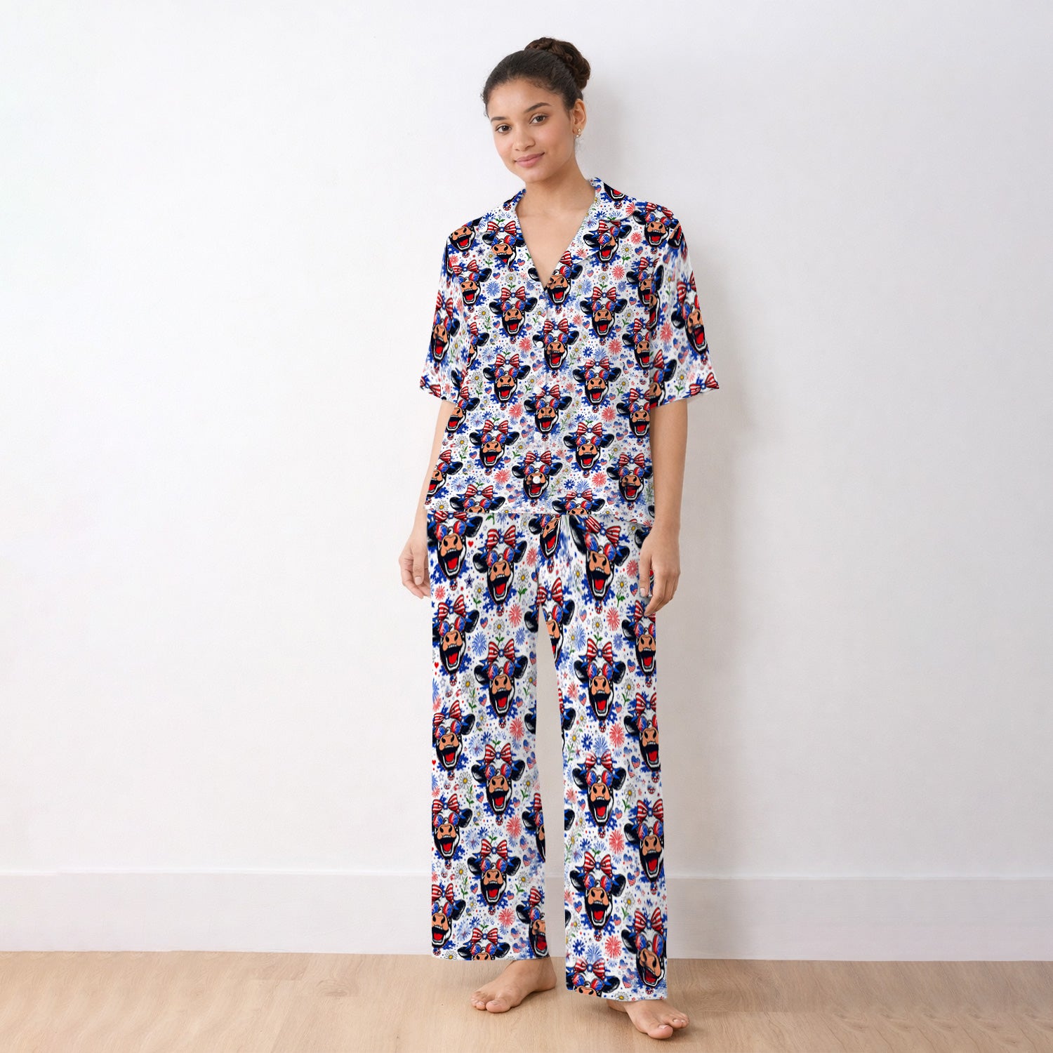 Funny Patriotic Cow Nurse Print Pajama Set, Soft Breathable Fabric Comfortable Sleepwear