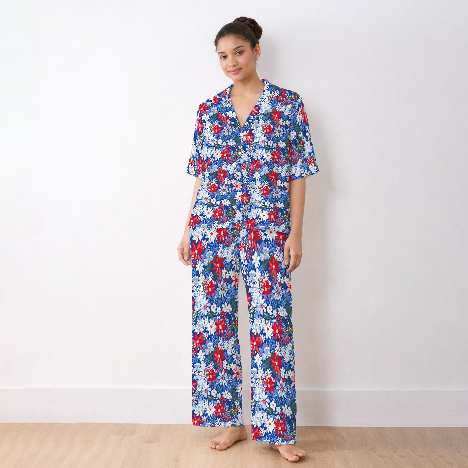 Patriotic Red White Blue Floral Garden Print Pajama Set, Soft Breathable Fabric Comfortable Sleepwear
