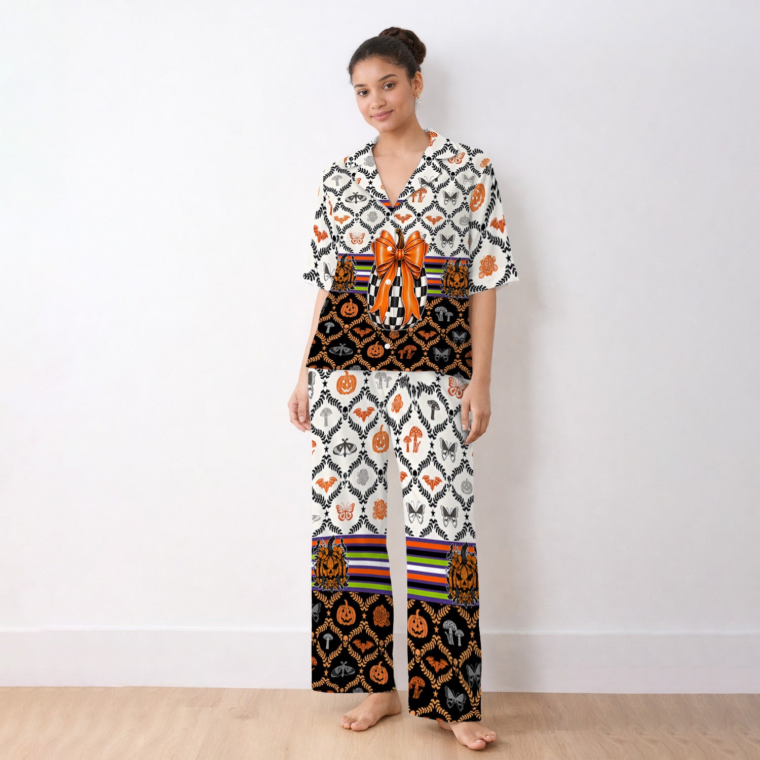 Halloween Checkered Pumpkin With Bow Pattern Pajama Set, Soft Breathable Fabric Comfortable Sleepwear