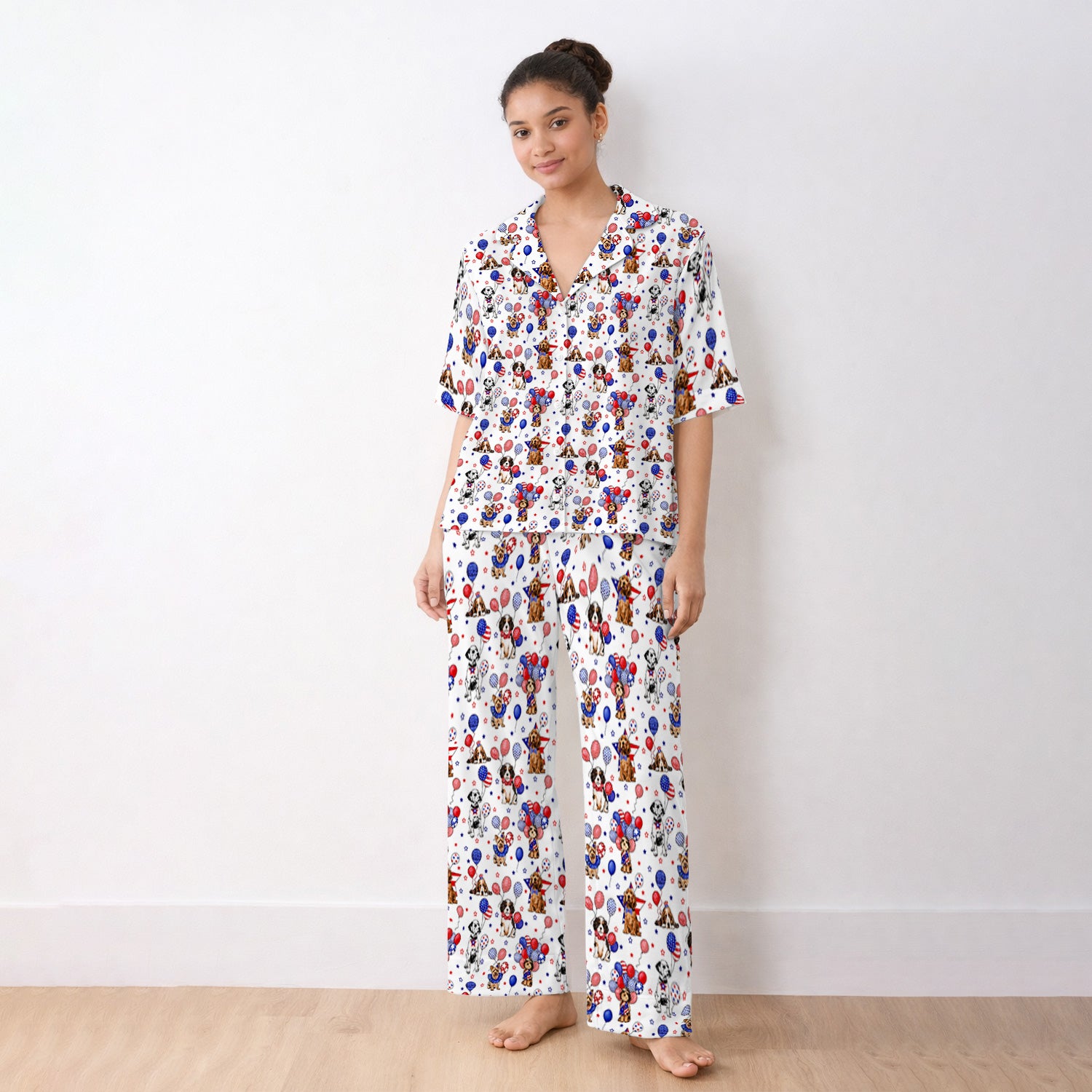 Patriotic Dogs With USA Flag Balloons Pattern Pajama Set, Soft Breathable Fabric Comfortable Sleepwear