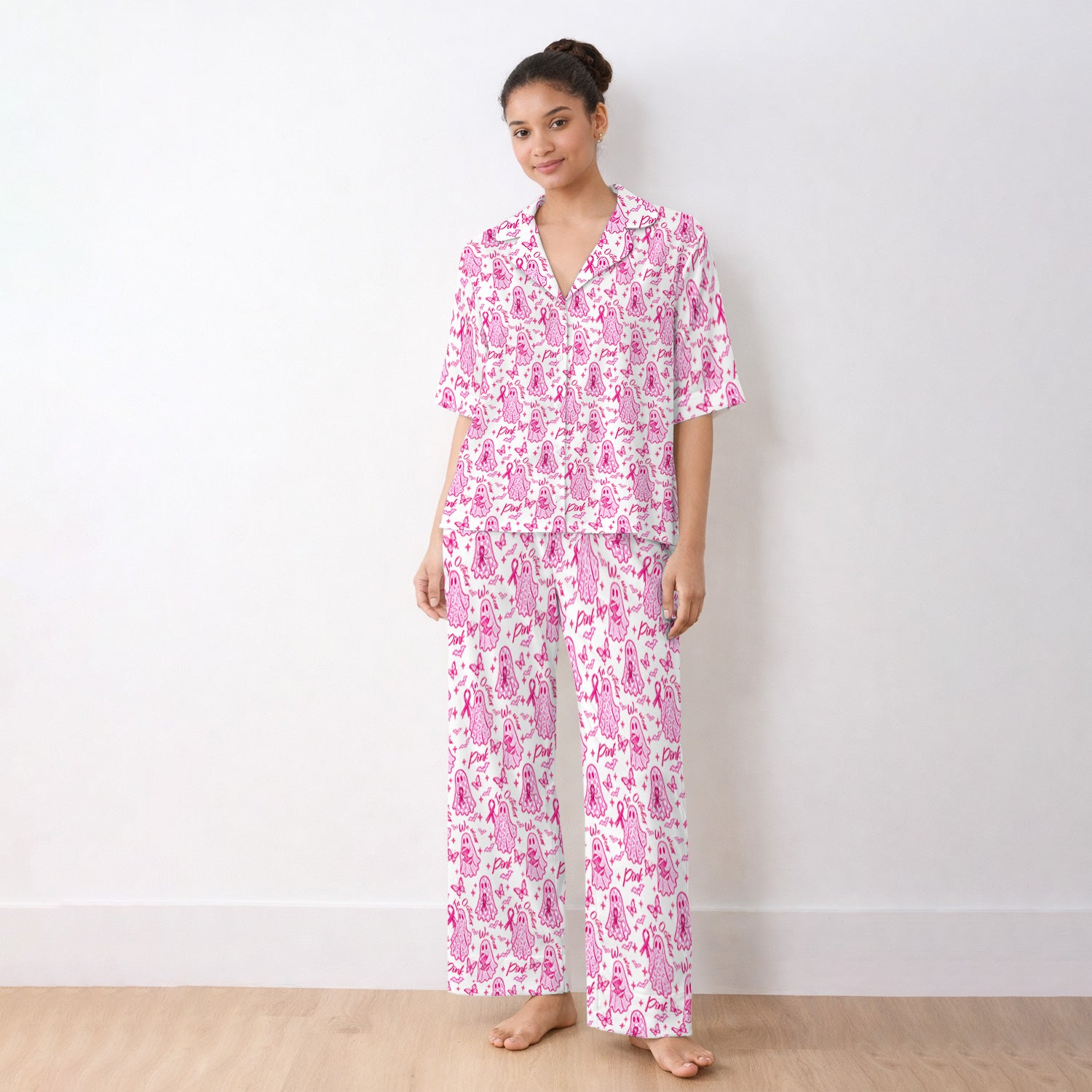 Pink Ribbon Ghost Pajama Set, Soft Breathable Fabric Comfortable Sleepwear