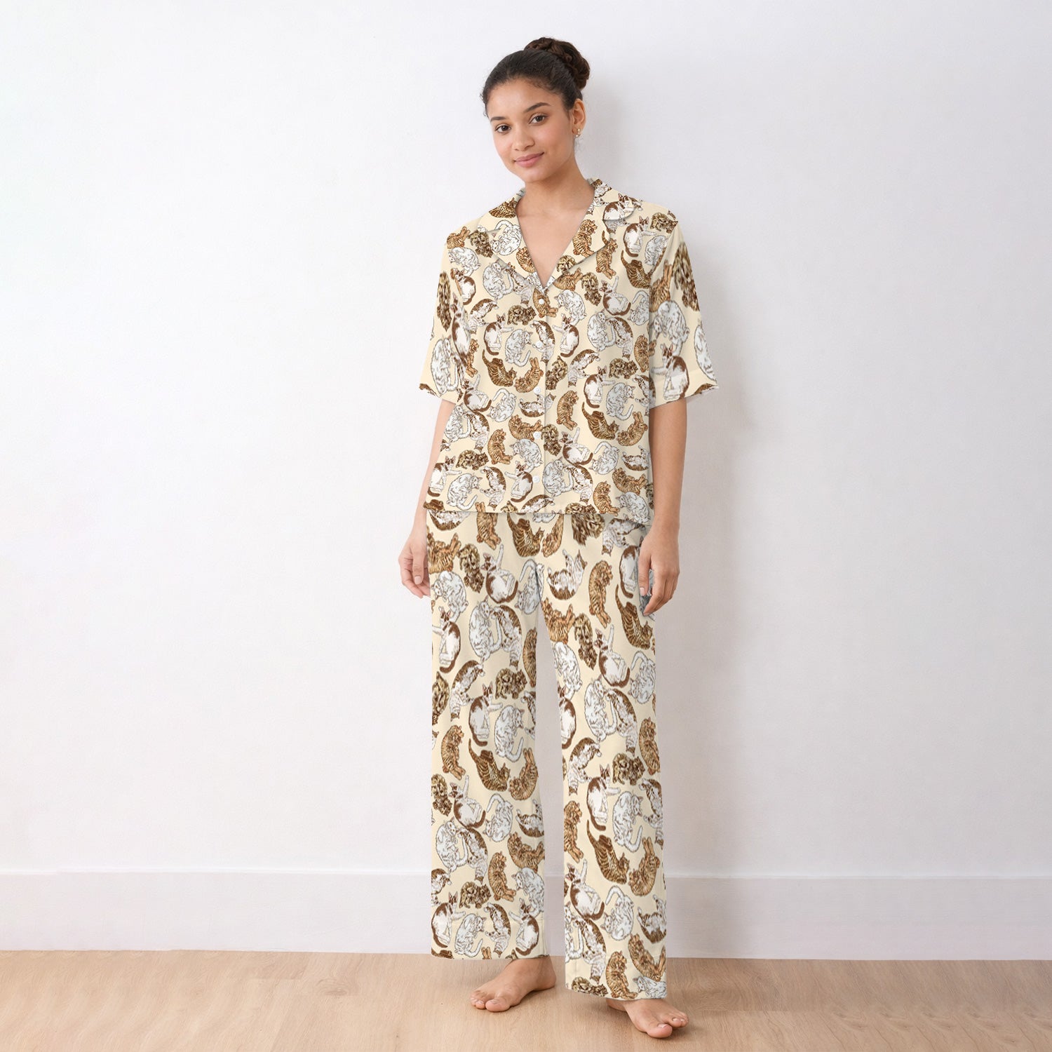 Cute Lazy Cat Nap Pattern Pajama Set,  Breathable Fabrics Uniform