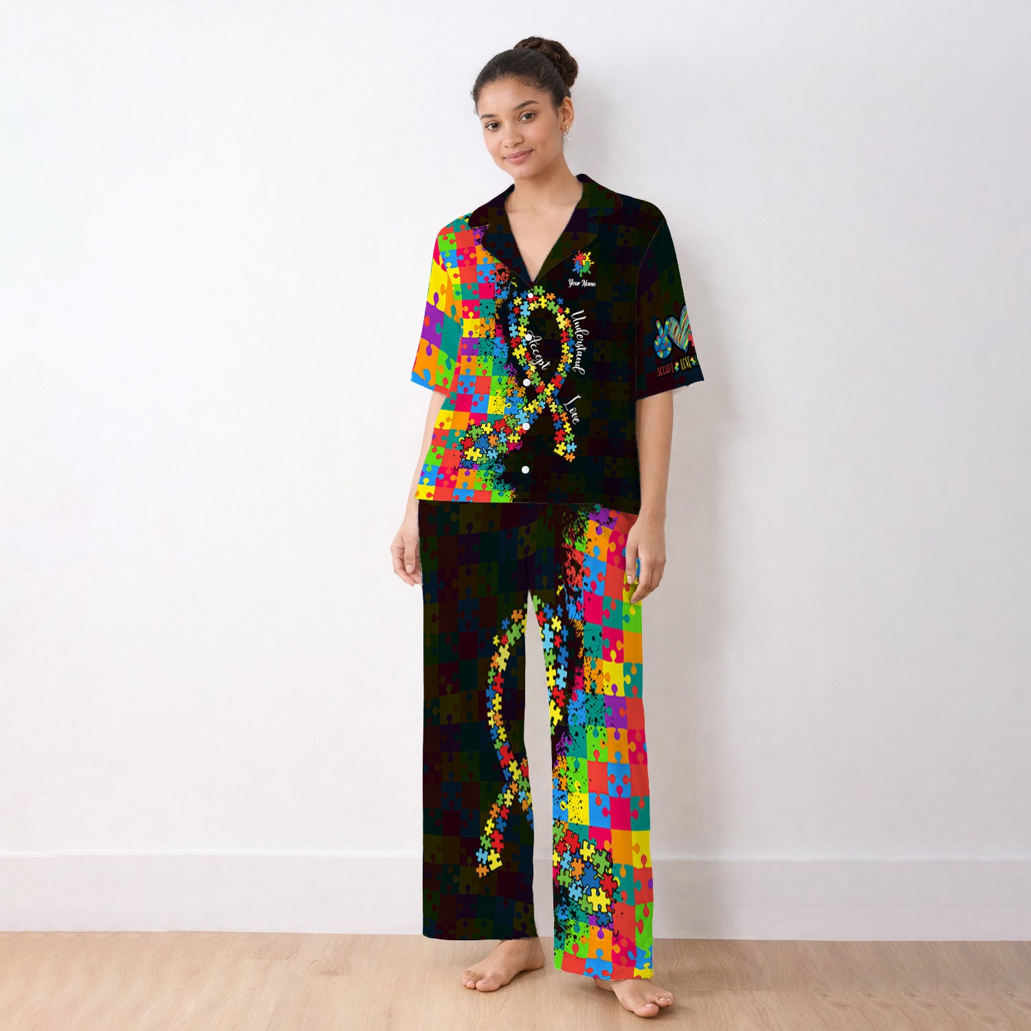 Personalized Autism Puzzle Ribbon Colorful Print Pajama Set, Breathable Fabrics Uniform