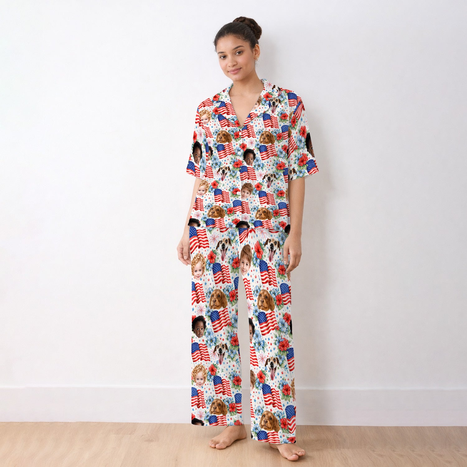 Custom Photo Patriotic Kids & Pet Faces Flag Nurse Pajama Set, Soft Breathable Fabric Comfortable Sleepwear