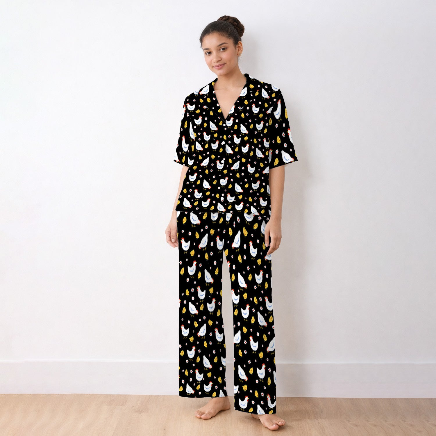 Chicken And Cute Chicks Pattern Pajama Set, Breathable Fabrics Uniform