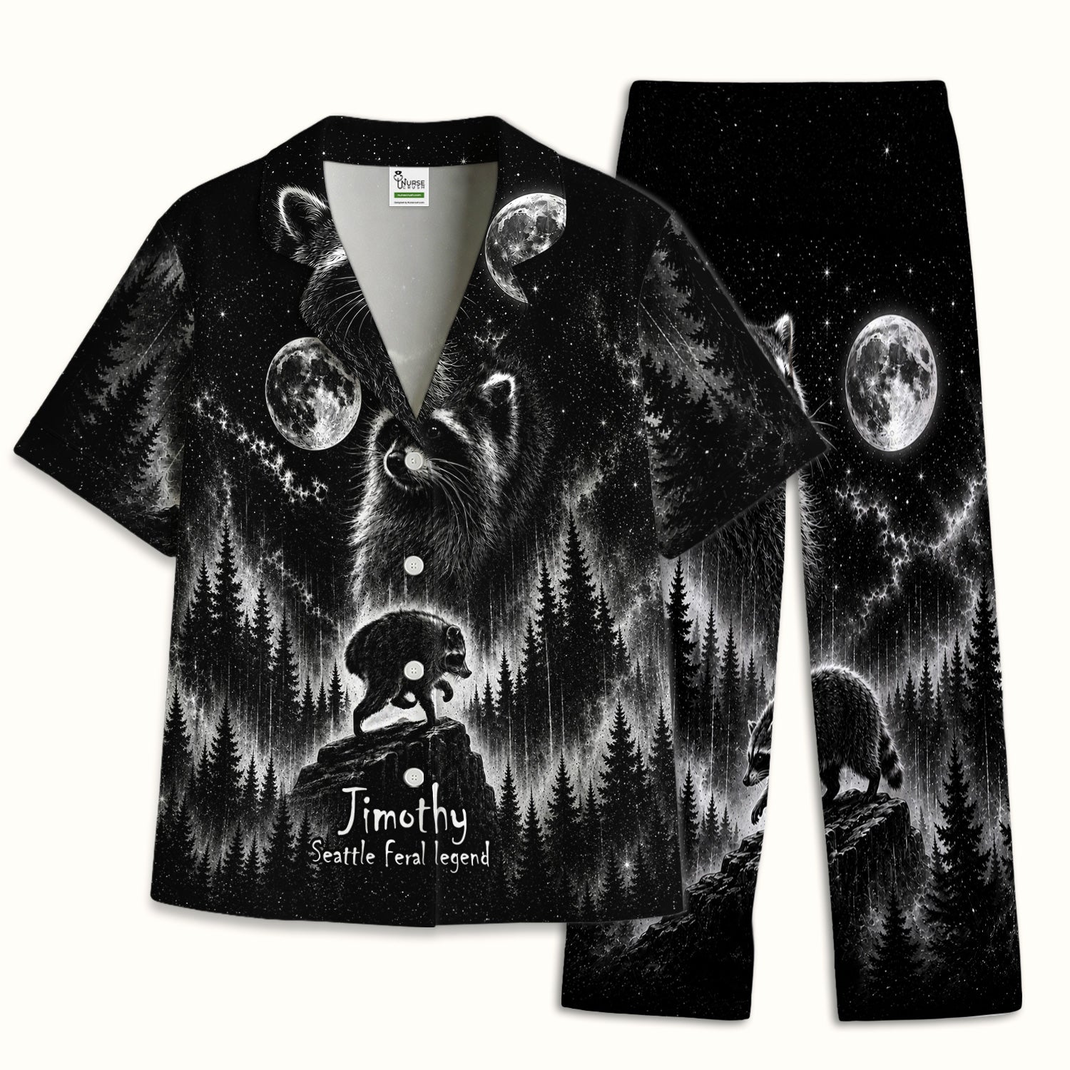 Moonlit Raccoon Forest Print Pajama Set, Soft Breathable Fabric Comfortable Sleepwear