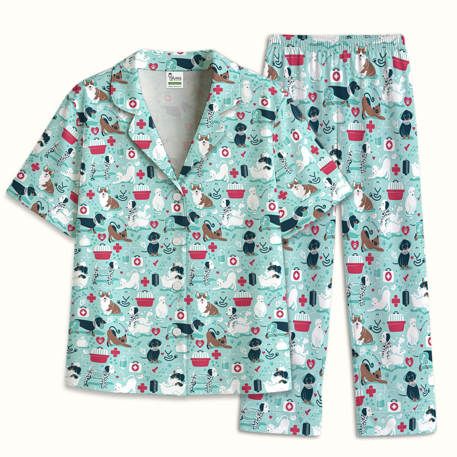 Dogs With Veterinary Tools And Paw Print Pajama Set, Breathable Fabrics Uniform