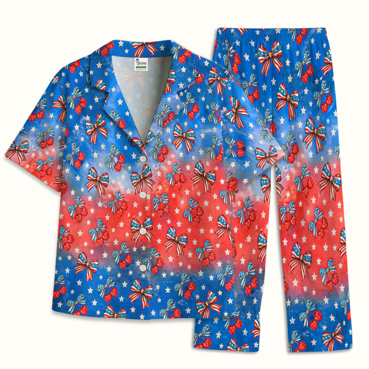 Festive Patriotic Star Bow Cherry Pattern Pajama Set, Soft Breathable Fabric Comfortable Sleepwear