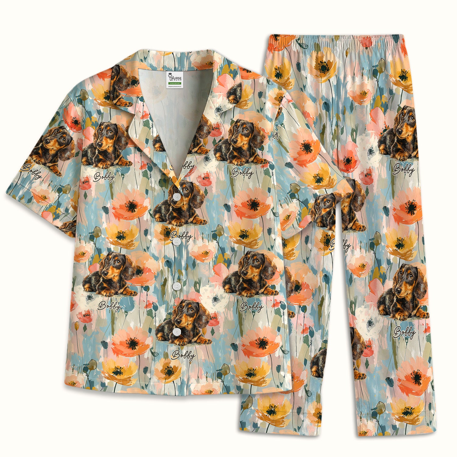 Personalized Dachshund Floral Portrait Pattern Pajama Set, Soft Breathable Fabric Comfortable Sleepwear