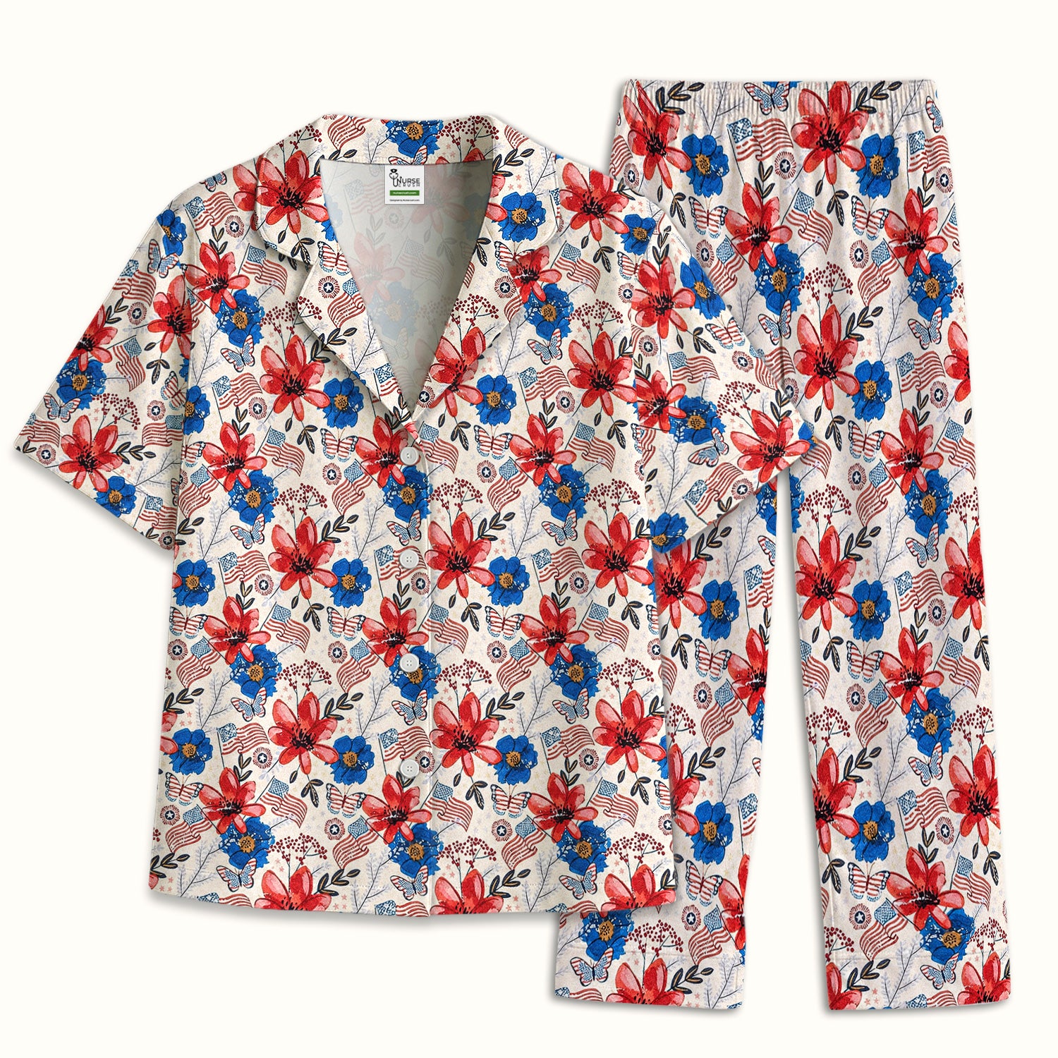 Patriotic Floral Flag Butterfly Pattern Pajama Set, Soft Breathable Fabric Comfortable Sleepwear