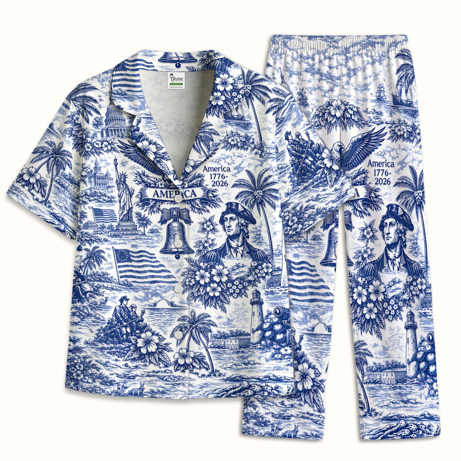 Patriotic America Heritage Toile Pattern Pajama Set, Breathable Fabrics Uniform
