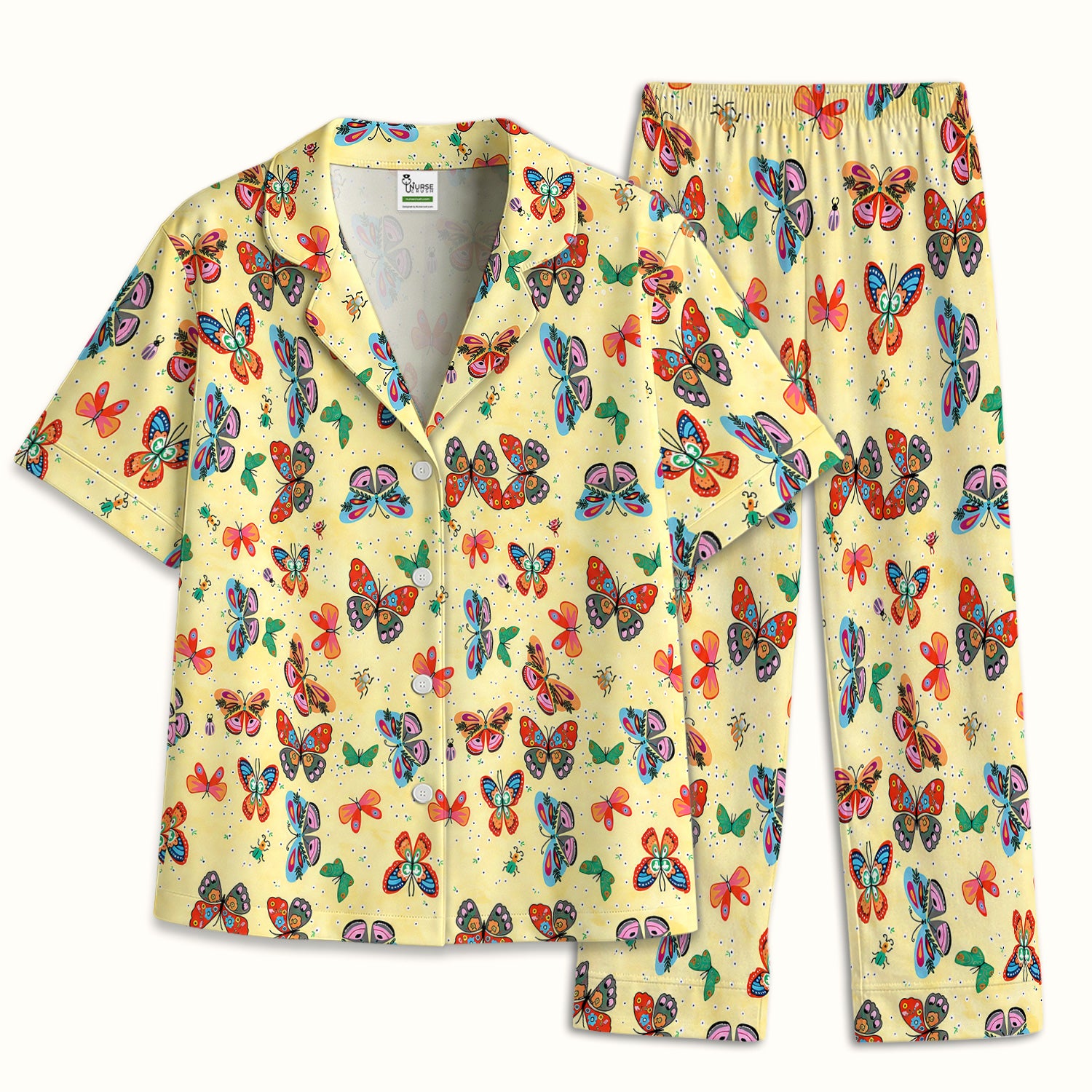 Colorful Butterfly Garden Pattern Pajama Set, Soft Breathable Fabric Comfortable Sleepwear