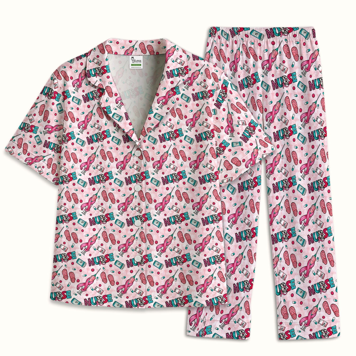 Pink Ribbon with Recovery Print Pajama Set, Soft Breathable Fabric Comfortable Sleepwear