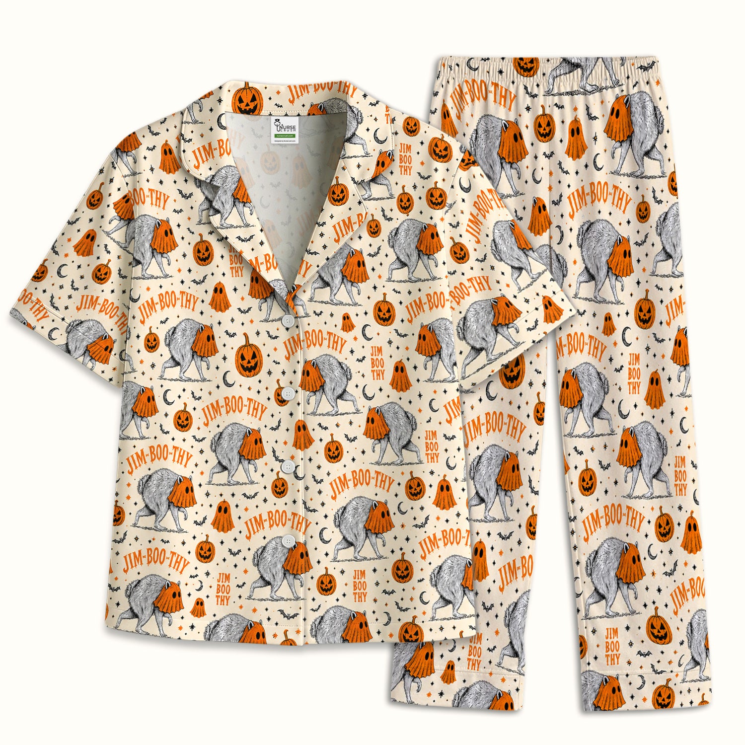 Funny Halloween Ghost Jimothy Pattern Pajama Set, Soft Breathable Fabric Comfortable Sleepwear