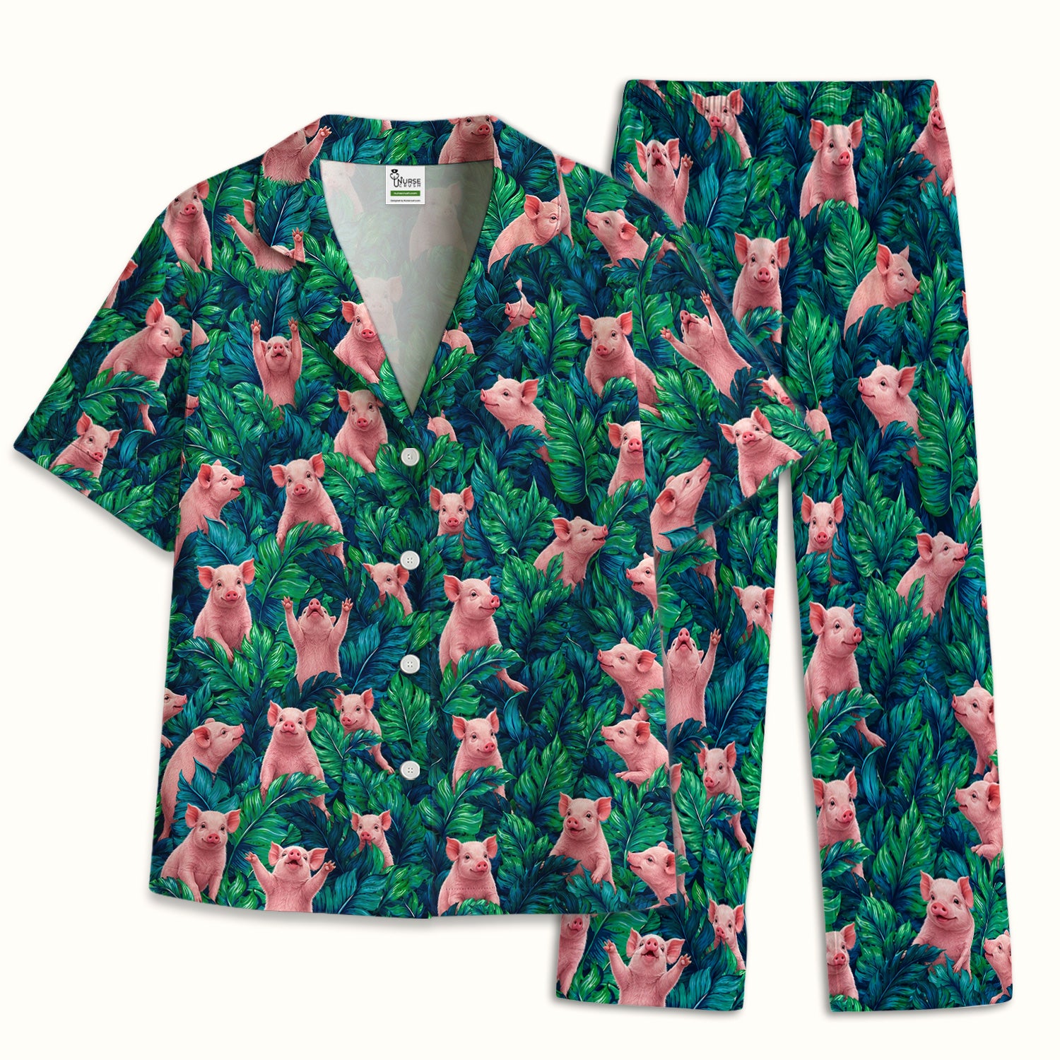Cute Piglet Jungle Leaves Pattern Pajama Set, Soft Breathable Fabric Comfortable Sleepwear