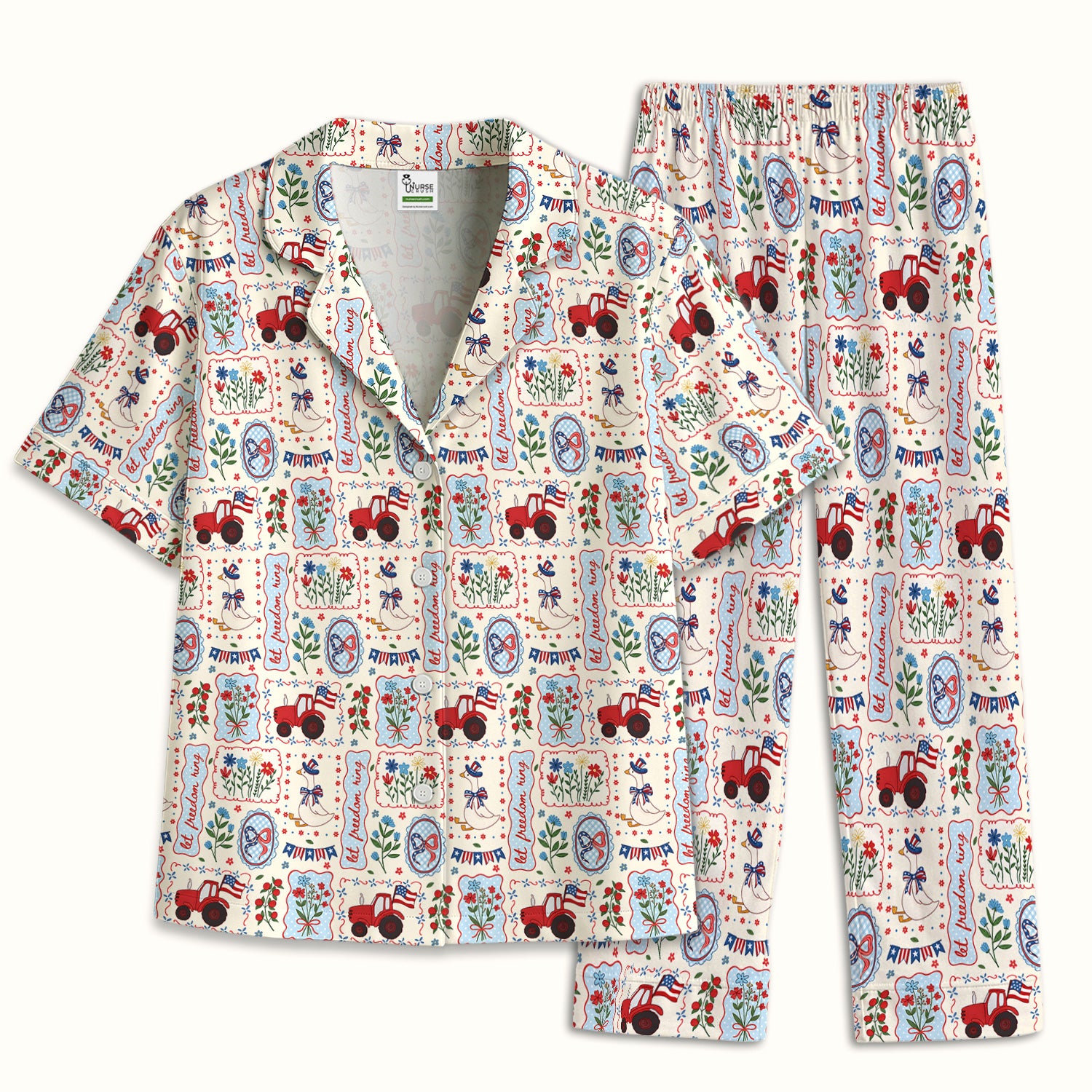 Patriotic Farm Goose Nurse Scrub Top for RN, CNA, Healthcare Workers, Americana Uniform Pajama Set, Soft Breathable Fabric Comfortable Sleepwear