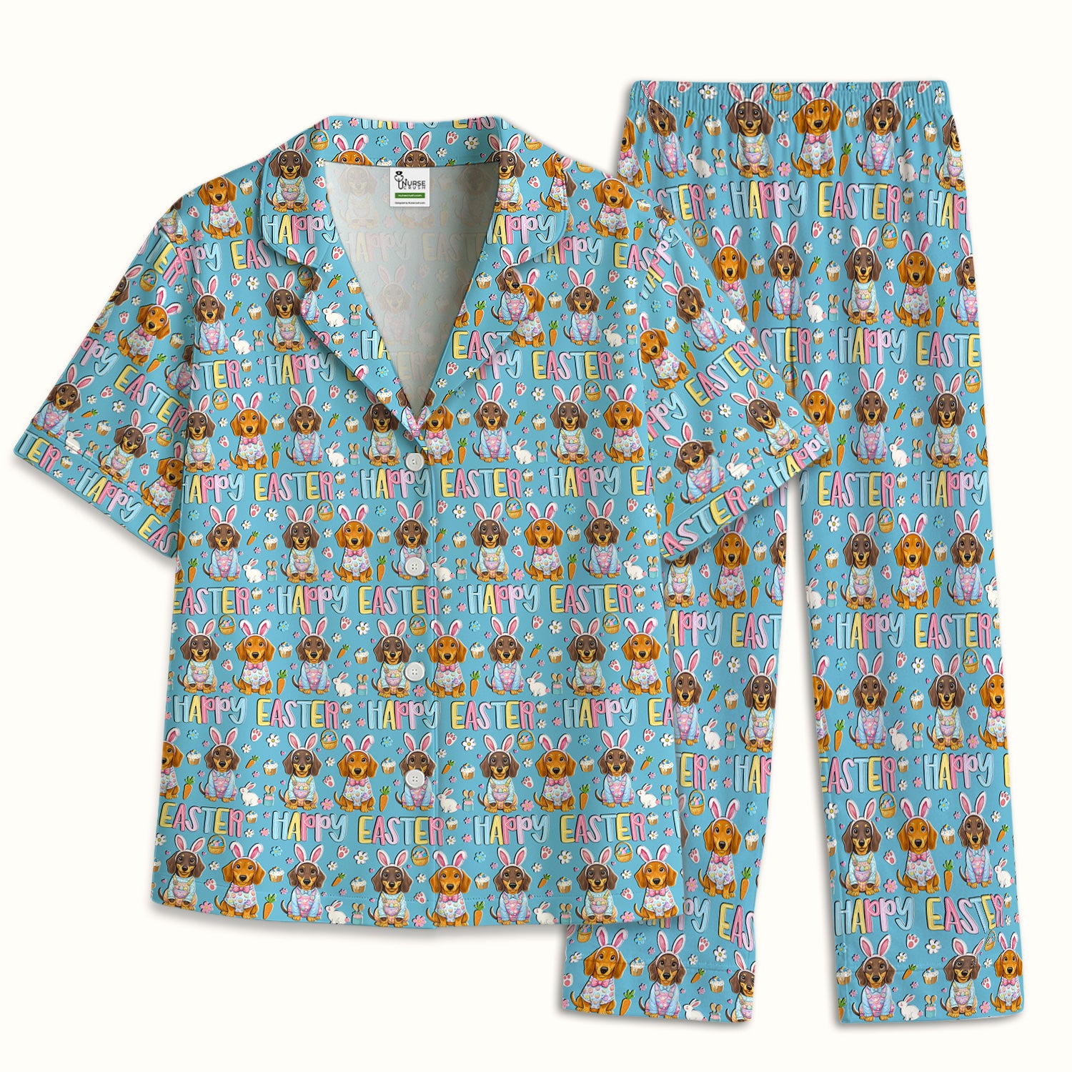 Happy Easter Dachshund Bunny Print Pajama Set, Breathable Fabrics Uniform