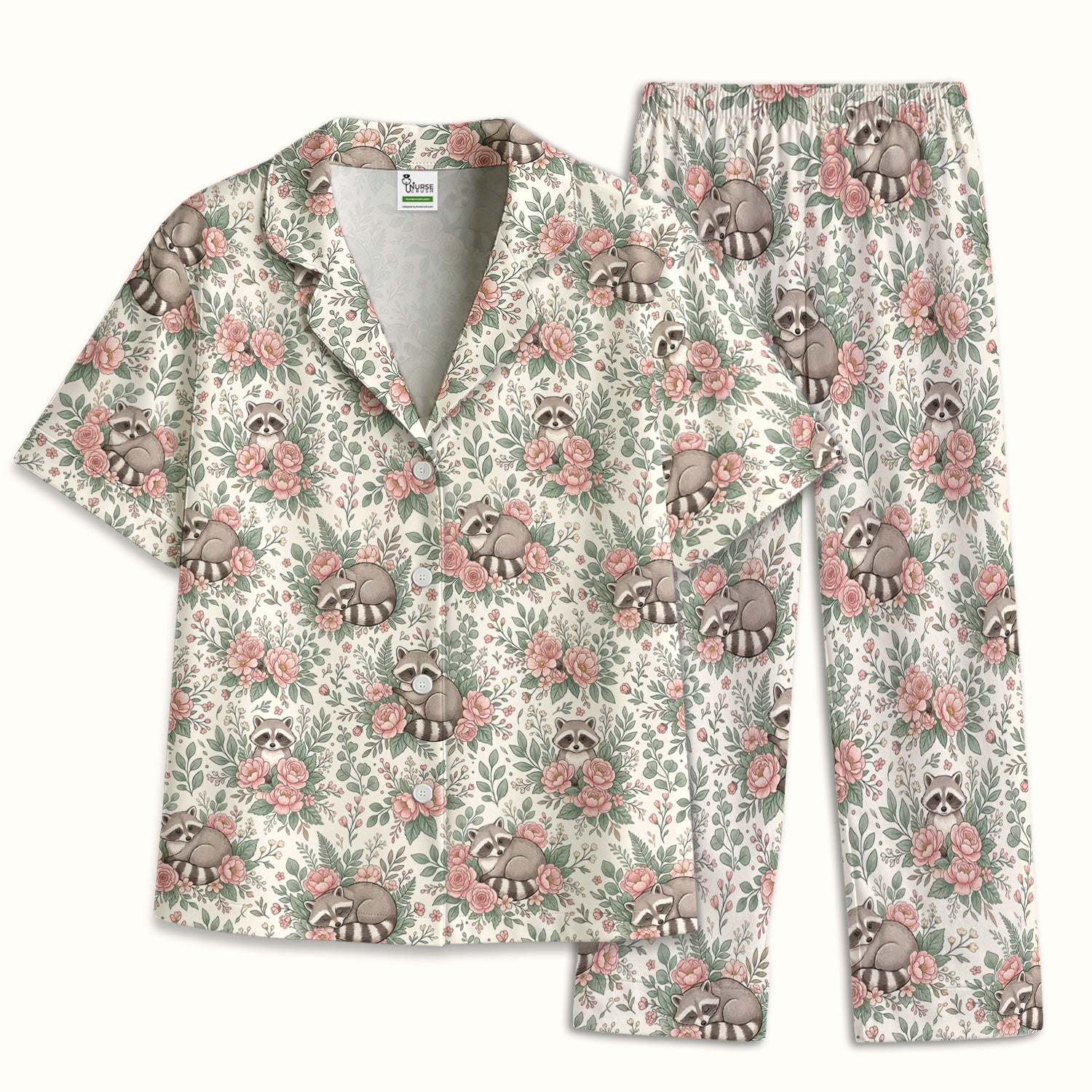 Sleeping Raccoon Rose Garden Pattern Pajama Set, Soft Breathable Fabric Comfortable Sleepwear