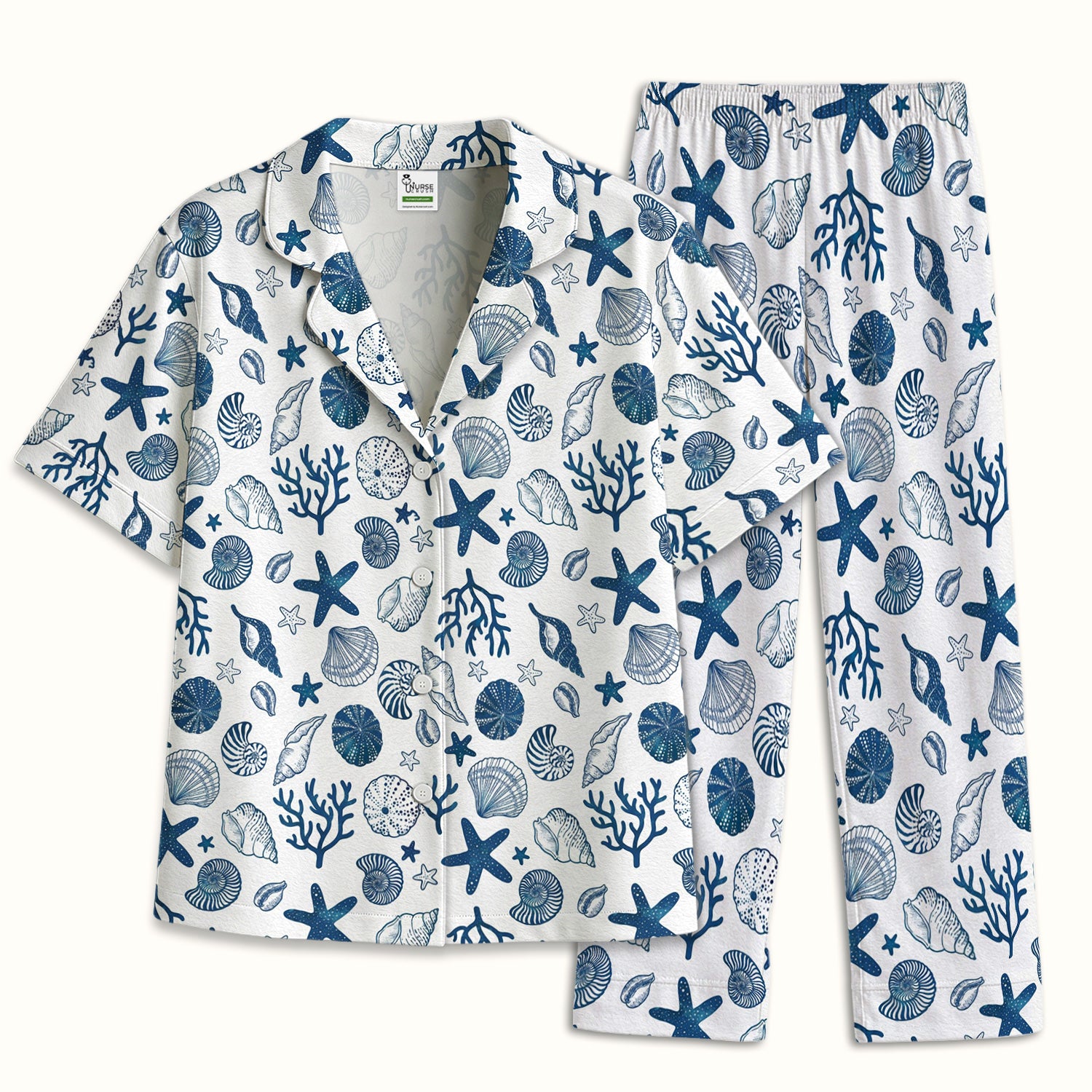 Cute Ocean Shell Starfish Pattern Pajama Set, Soft Breathable Fabric Comfortable Sleepwear