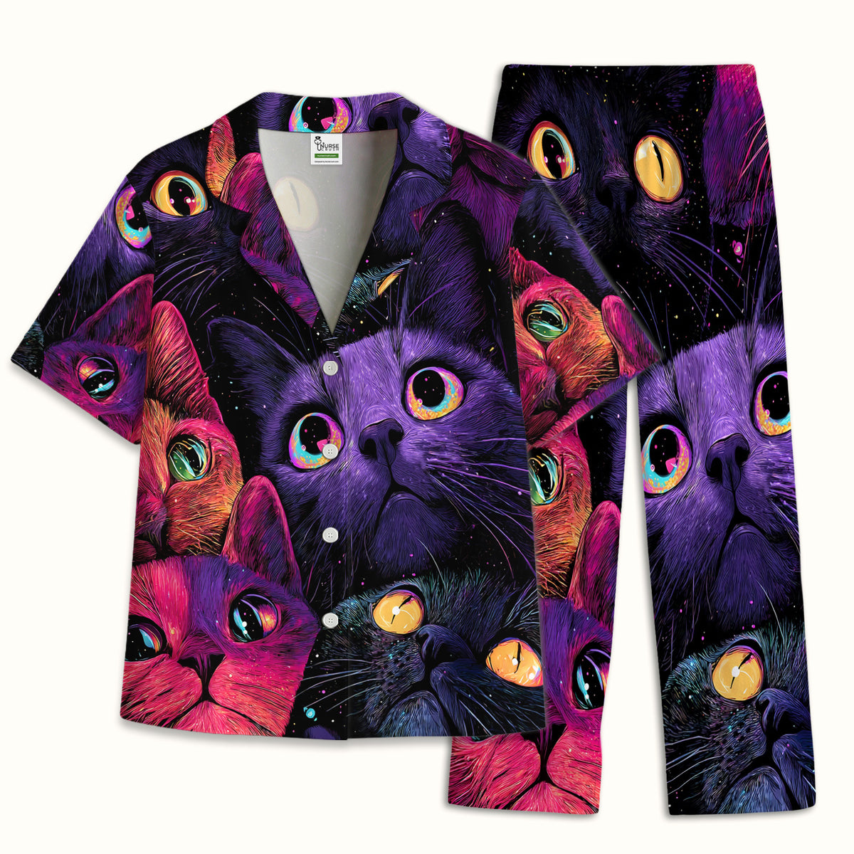 Colorful Neon Cat Faces Pajama Set, Soft Breathable Fabric Comfortable Sleepwear